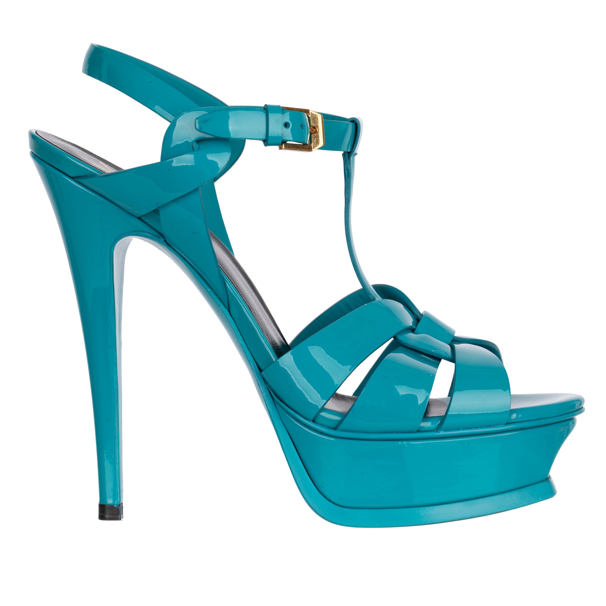 Yves Saint Laurent Turquoise Patent Leather Tribute Platform Sandals 37 FR