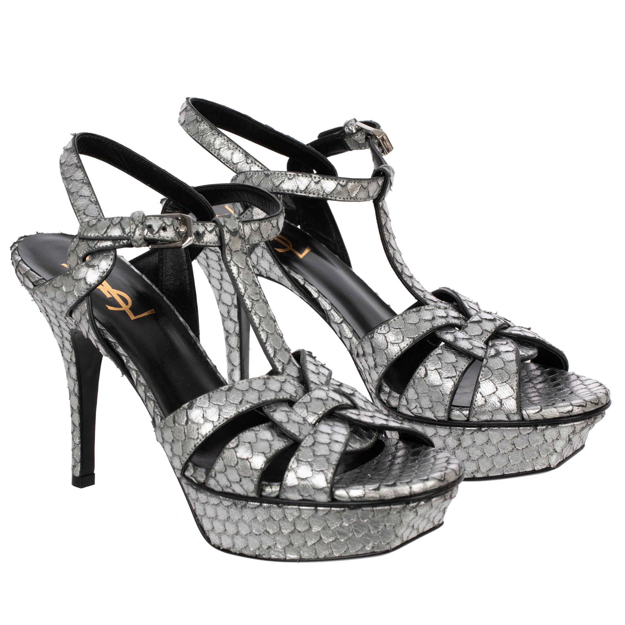 Yves Saint Laurent Metallic Silver Faux Python Leather Tribute Platform Sandals 37 FR