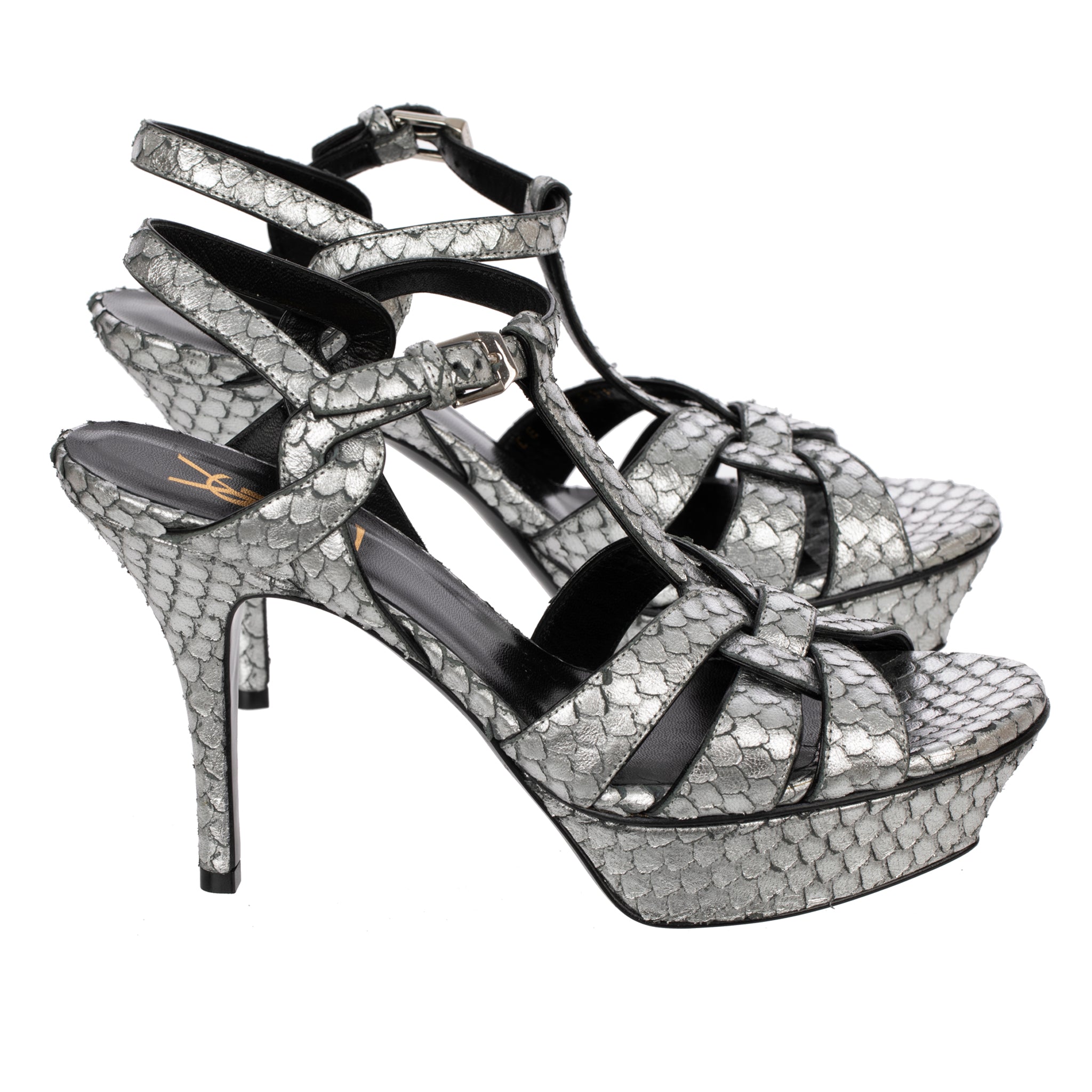 Yves Saint Laurent Metallic Silver Faux Python Leather Tribute Platform Sandals 37 FR