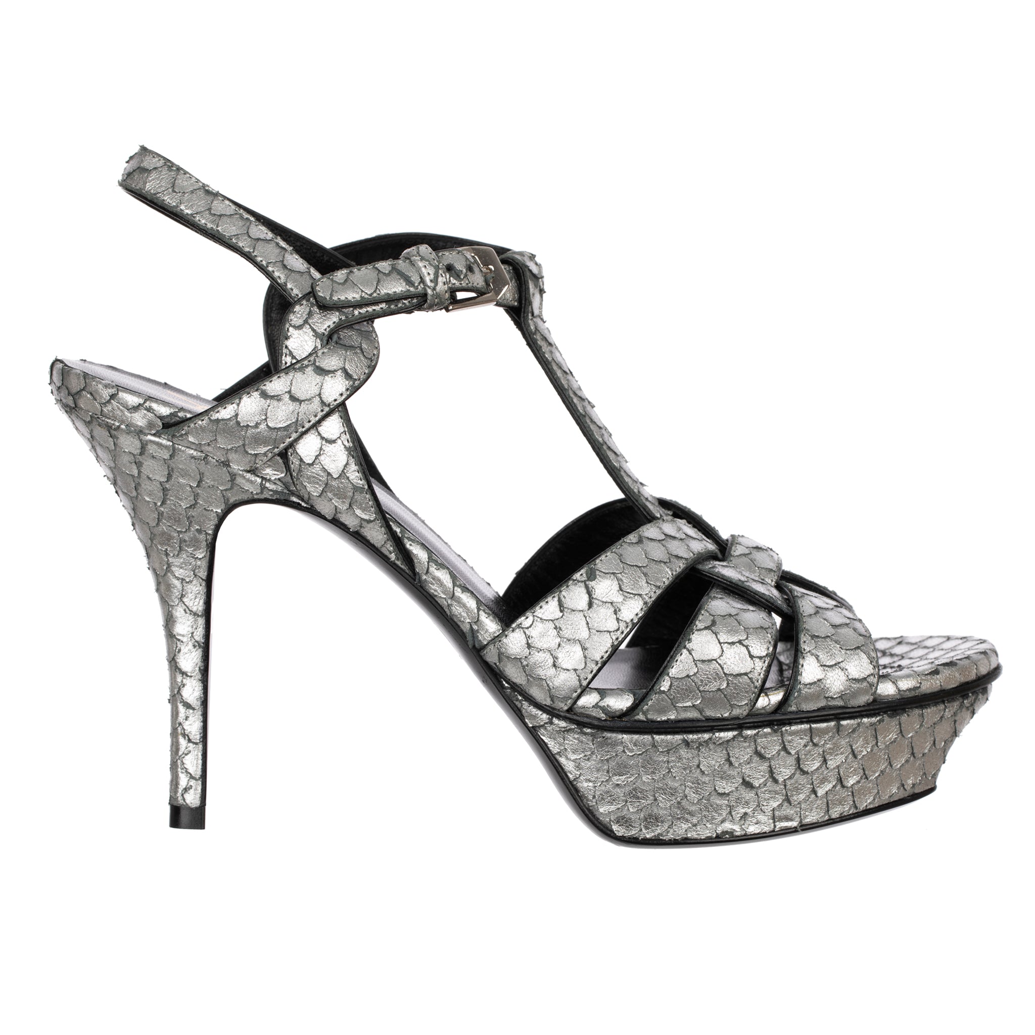 Yves Saint Laurent Metallic Silver Faux Python Leather Tribute Platform Sandals 37 FR