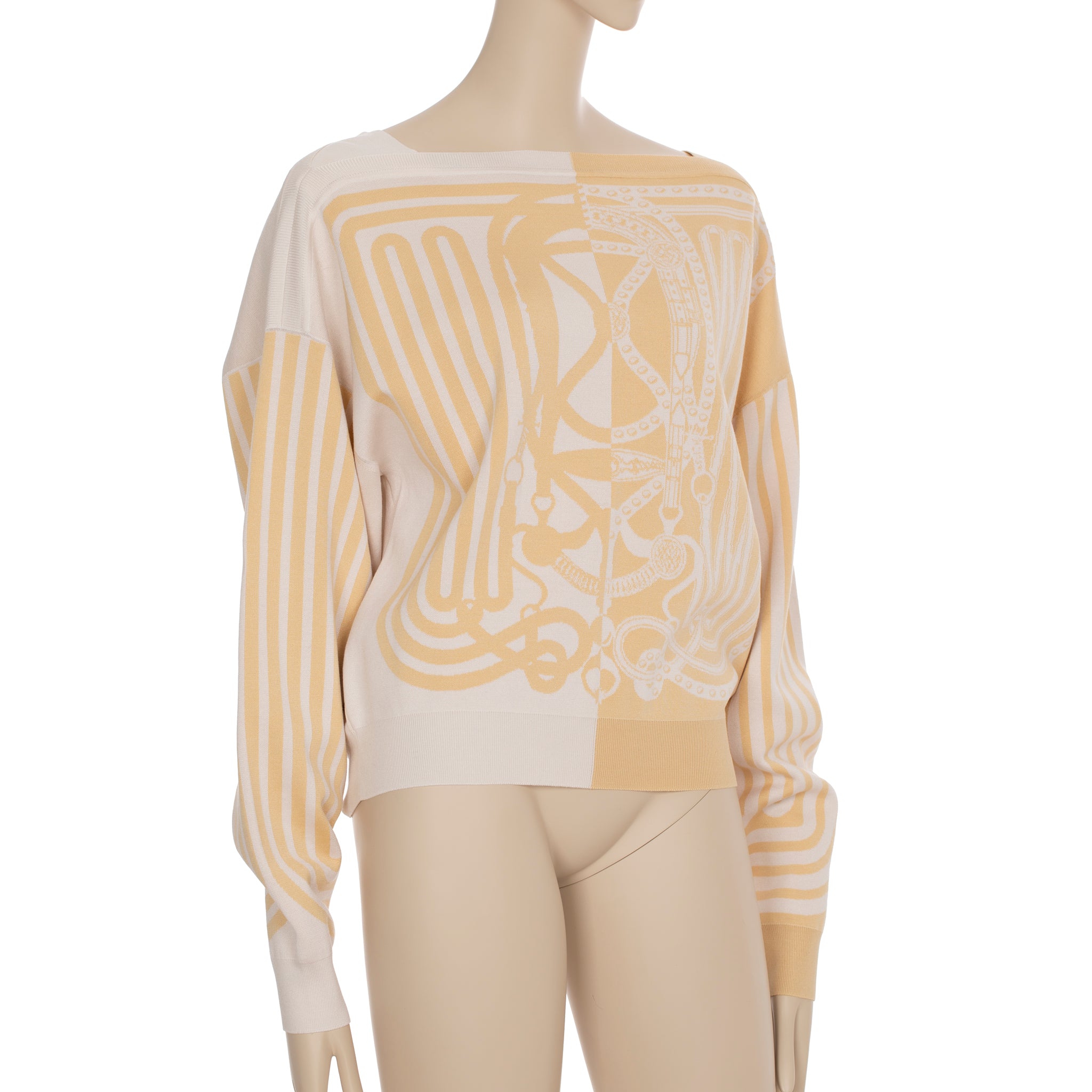 Hermes Knit Sweater "Grand Tralala" Ivory & Beige Print 40 FR