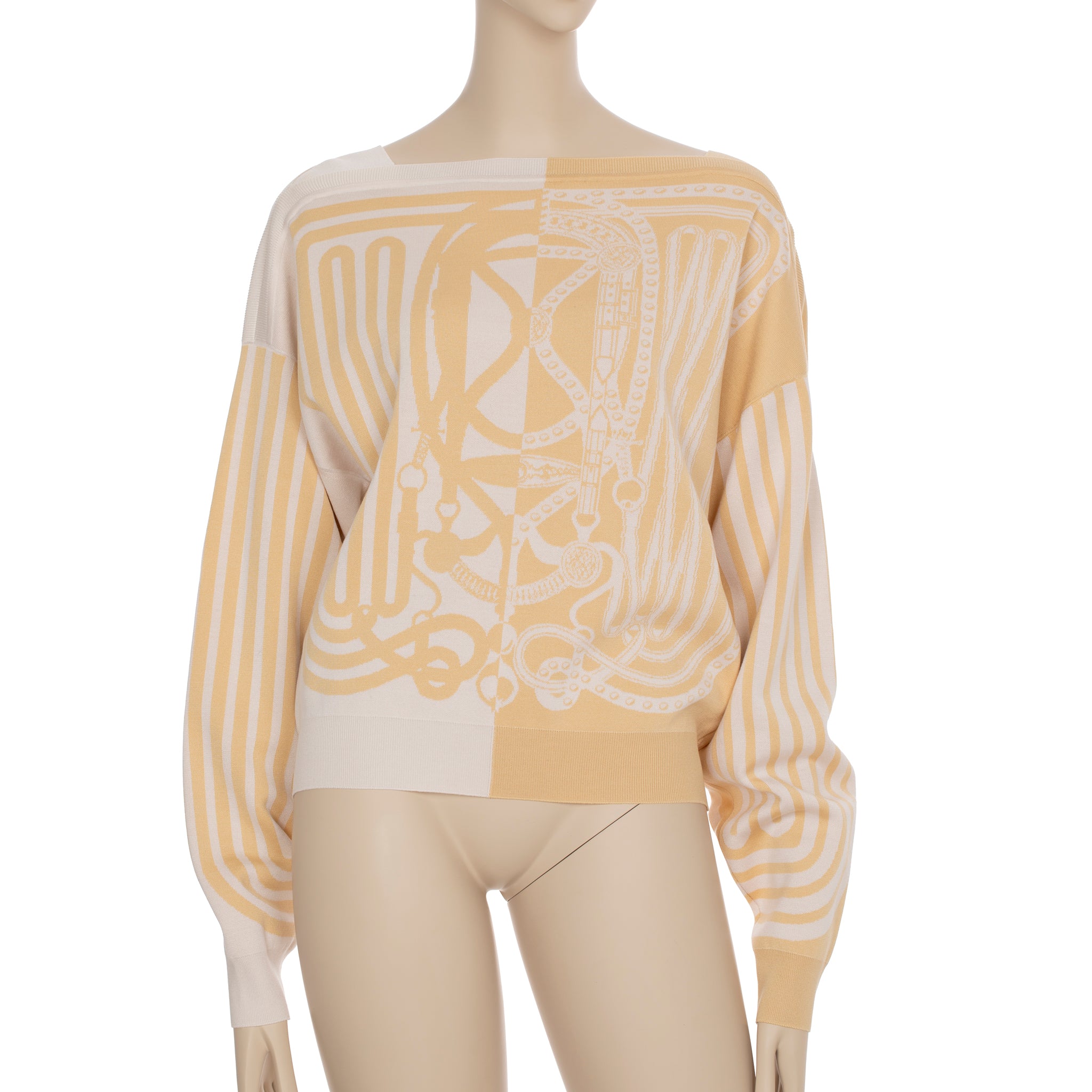 Hermes Knit Sweater "Grand Tralala" Ivory & Beige Print 40 FR