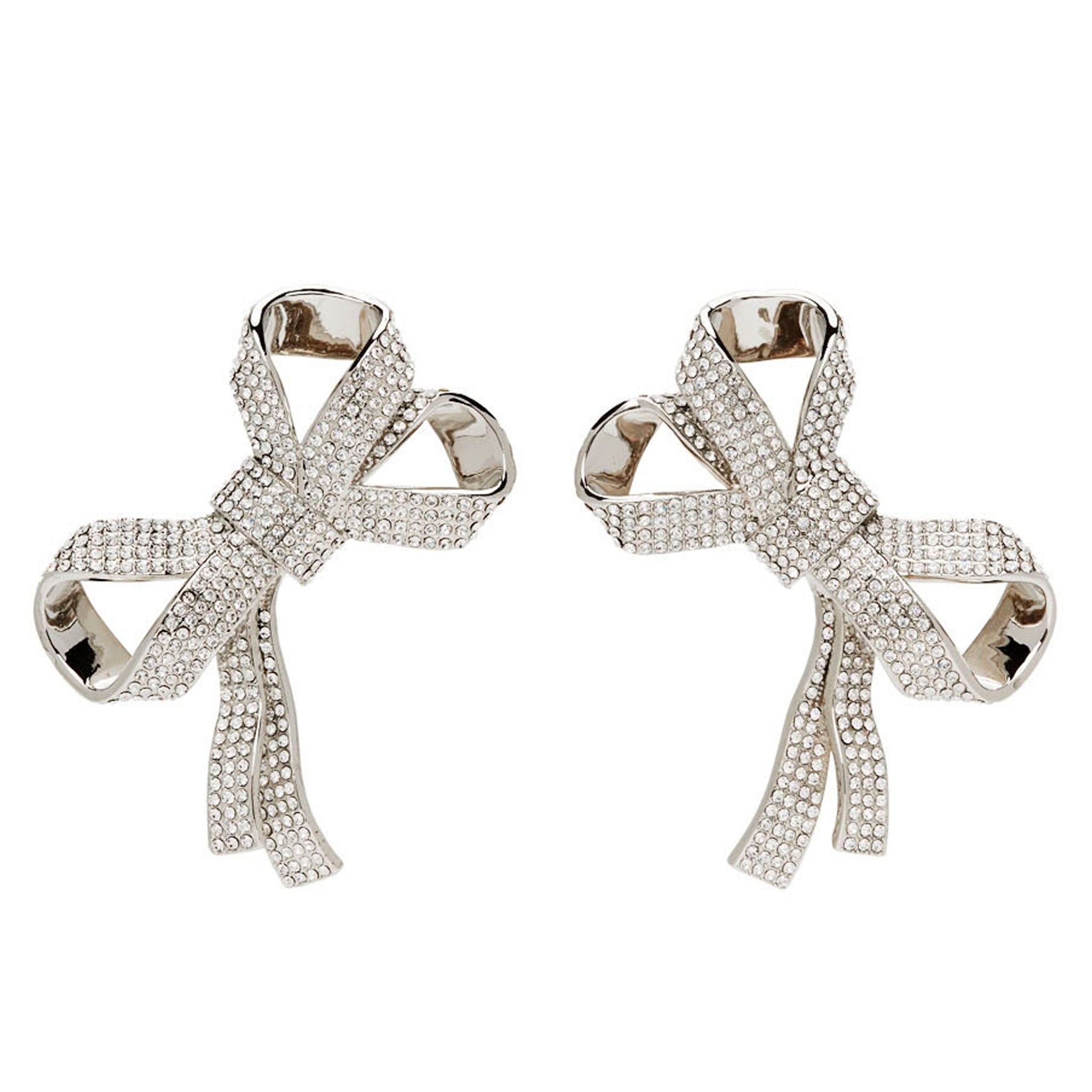 AREA Silver Crystal Pave Bow Earrings