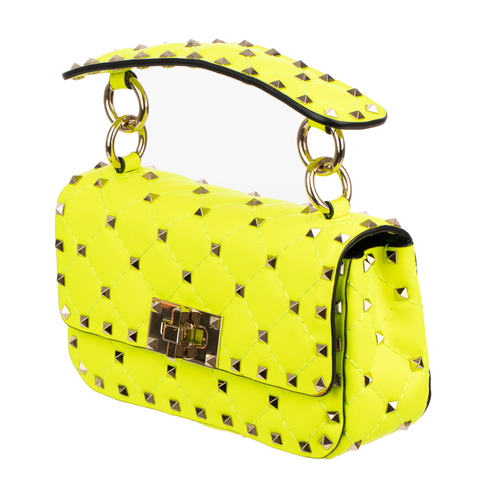 Valentino Neon Yellow Rockstud Crossbody Bag Silver Tone Hardware