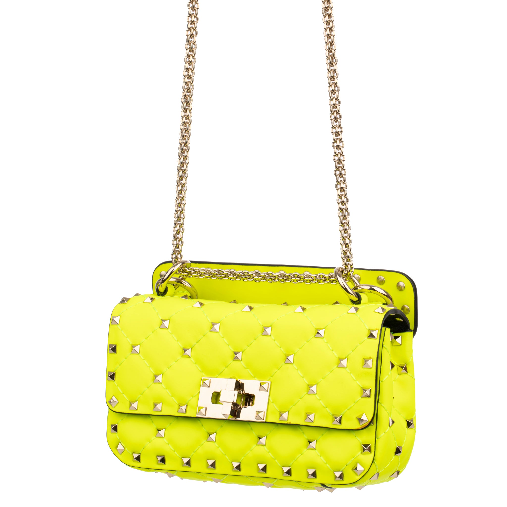 Valentino Neon Yellow Rockstud Crossbody Bag Silver Tone Hardware