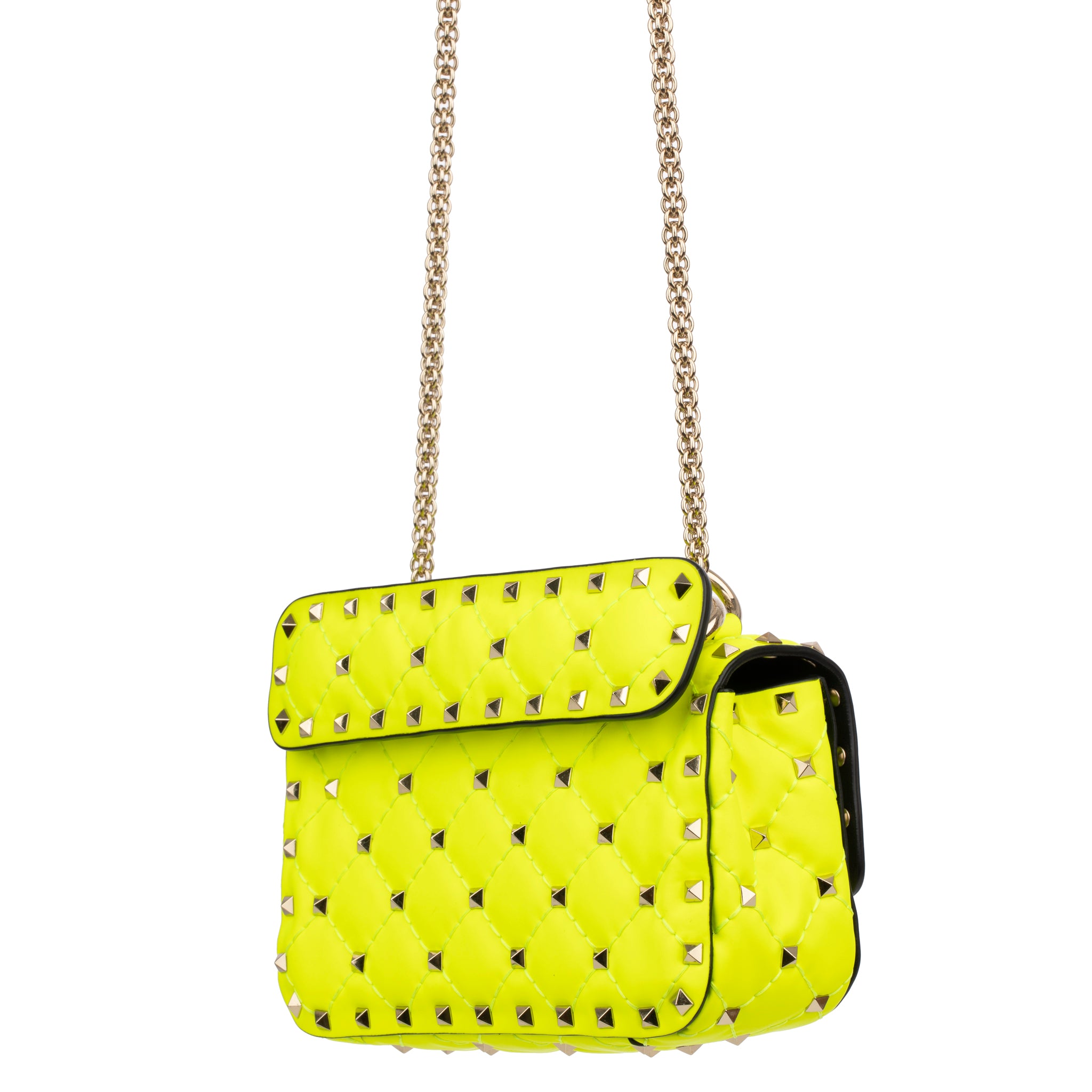 Valentino Neon Yellow Rockstud Crossbody Bag Silver Tone Hardware