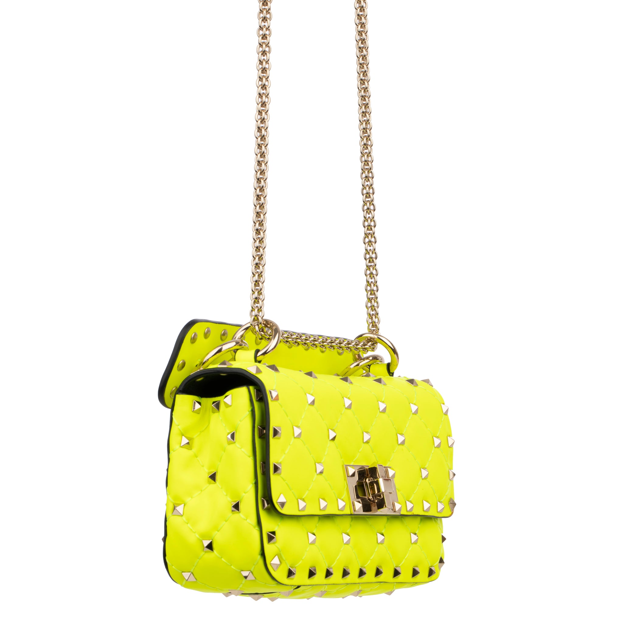 Valentino Neon Yellow Rockstud Crossbody Bag Silver Tone Hardware