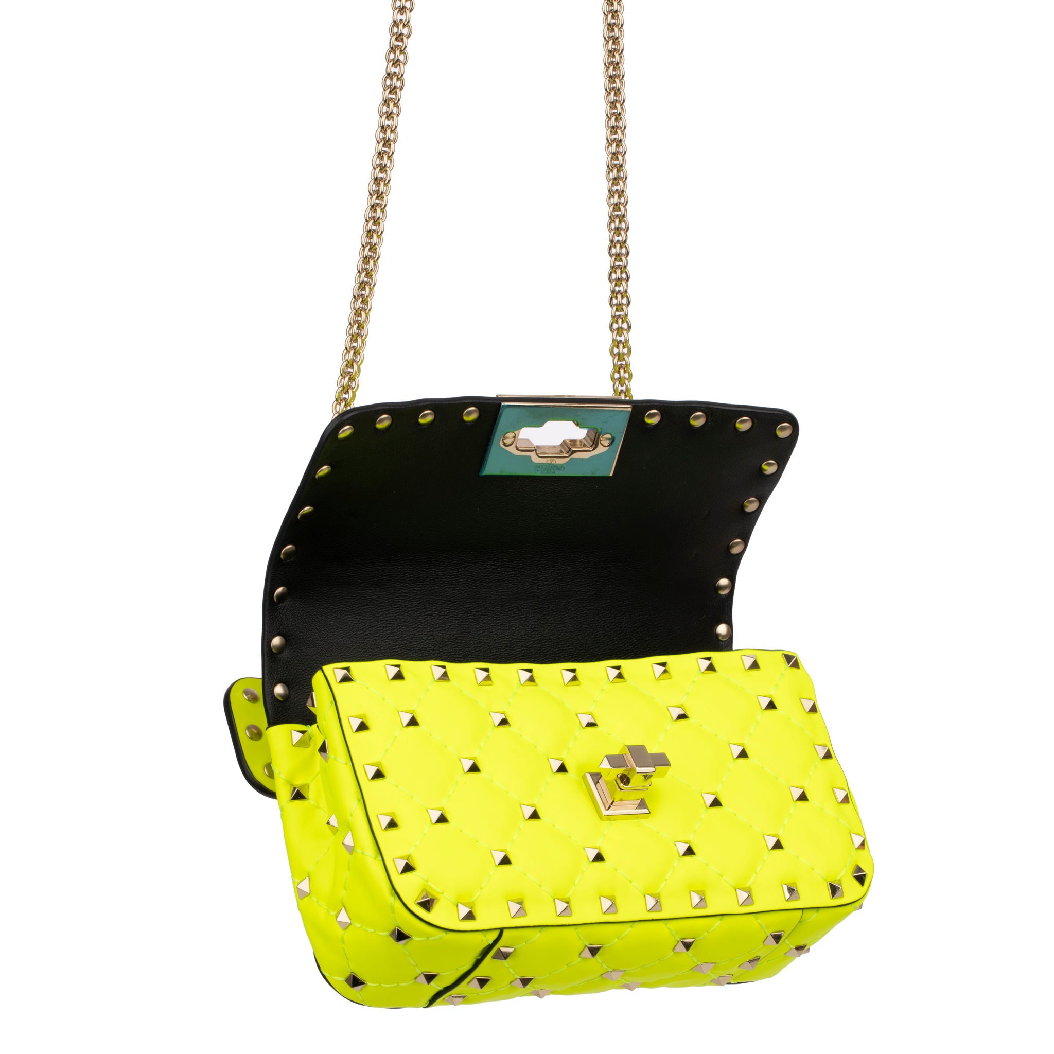 Valentino Neon Yellow Rockstud Crossbody Bag Silver Tone Hardware