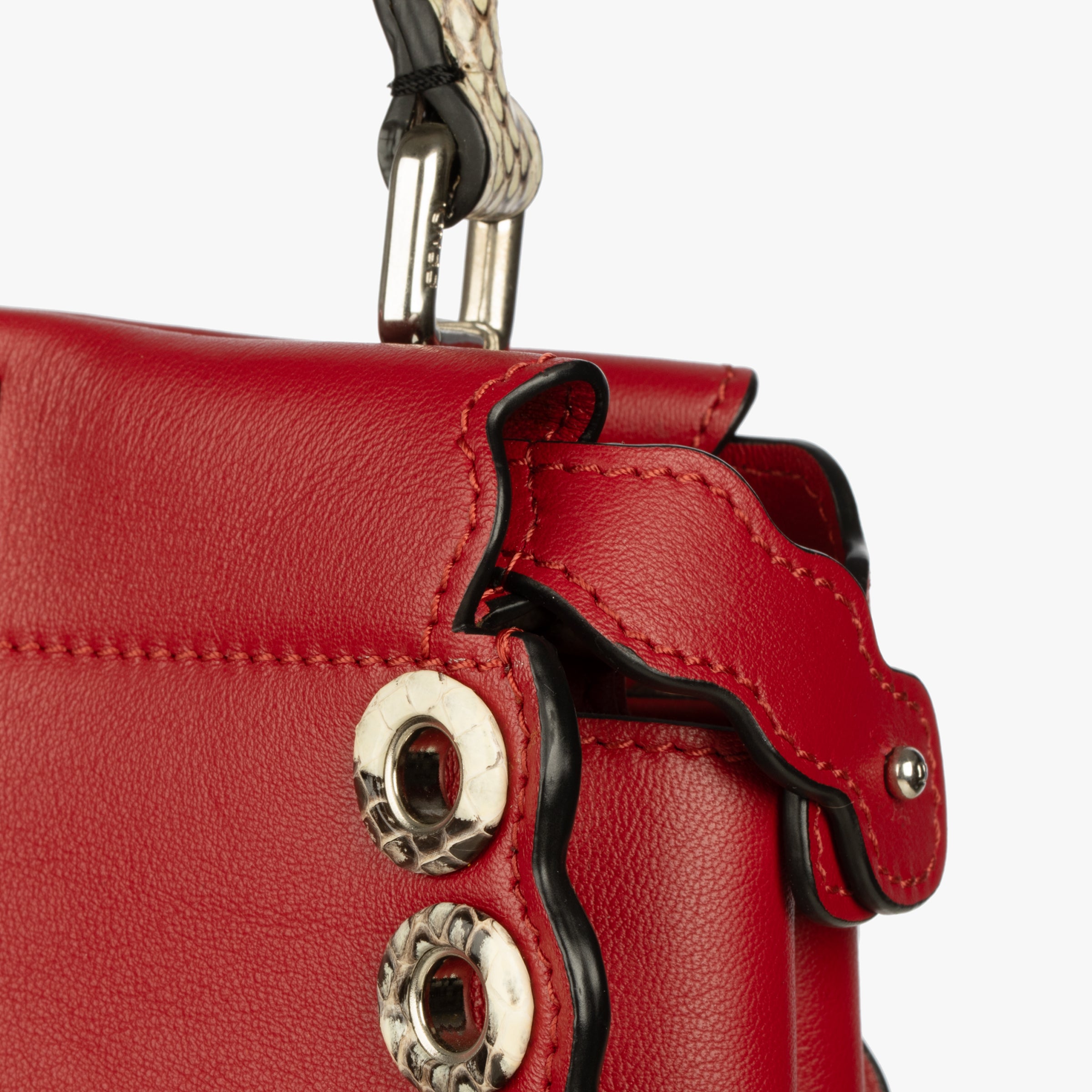 Fendi Red Leather & Snake Skin Eyelet Trim Mini Peekaboo