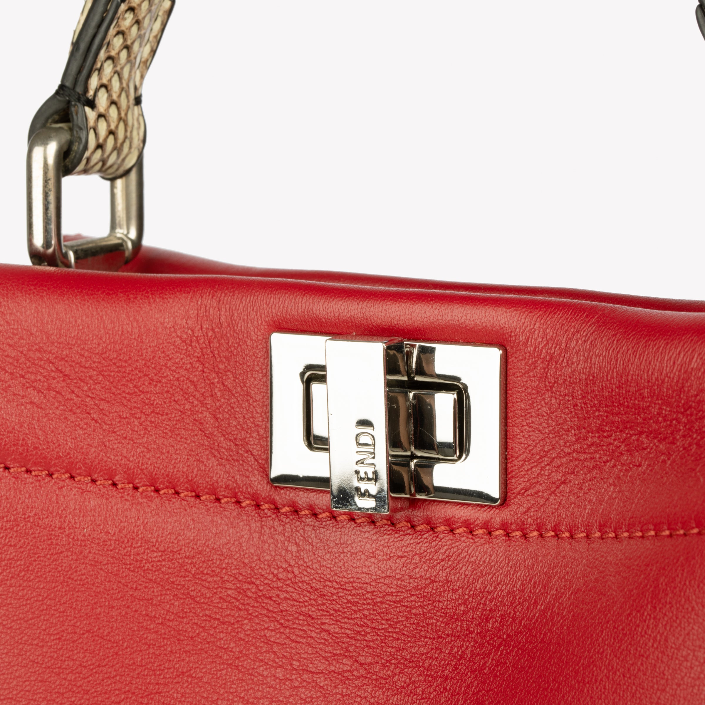 Fendi Red Leather & Snake Skin Eyelet Trim Mini Peekaboo