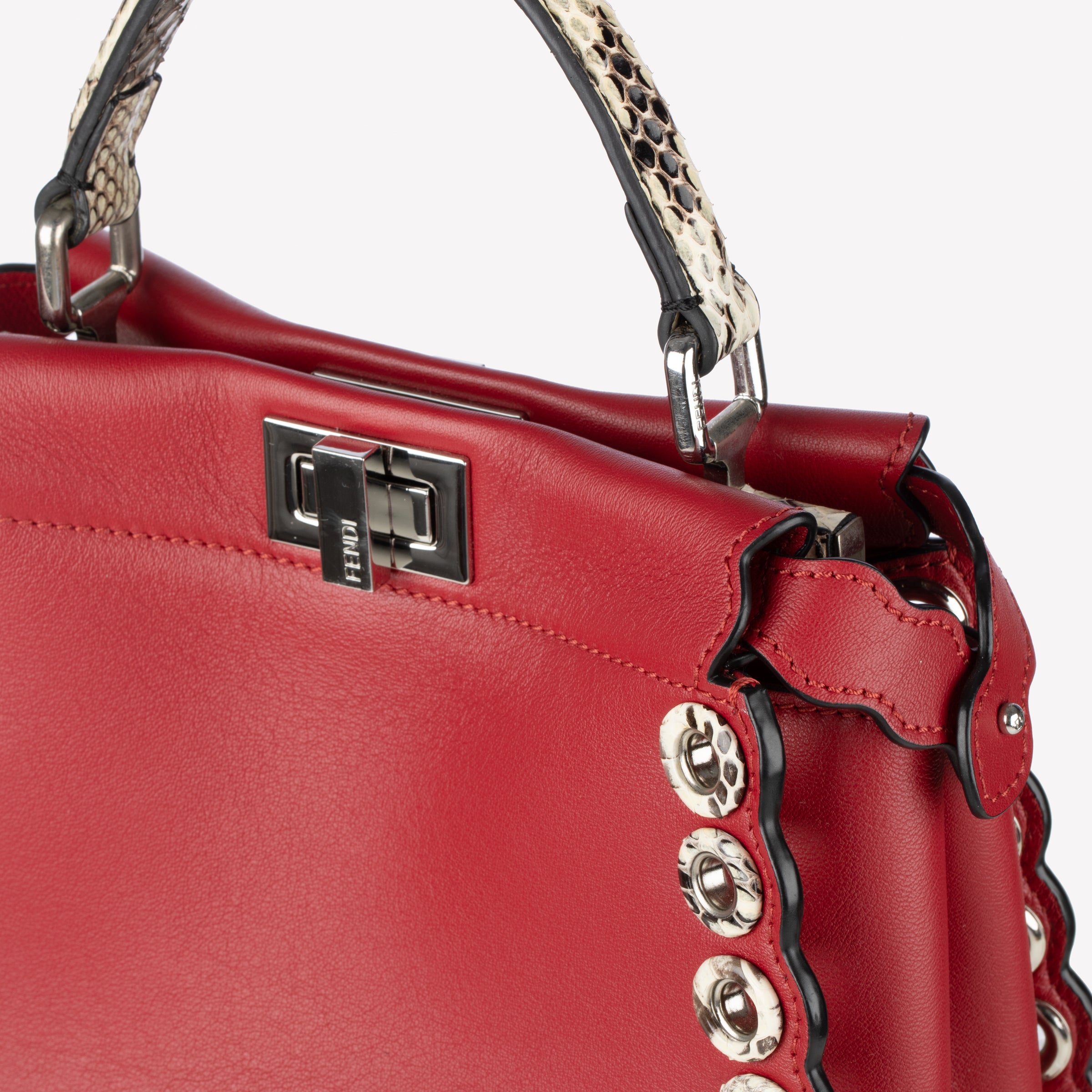 Fendi Red Leather & Snake Skin Eyelet Trim Mini Peekaboo