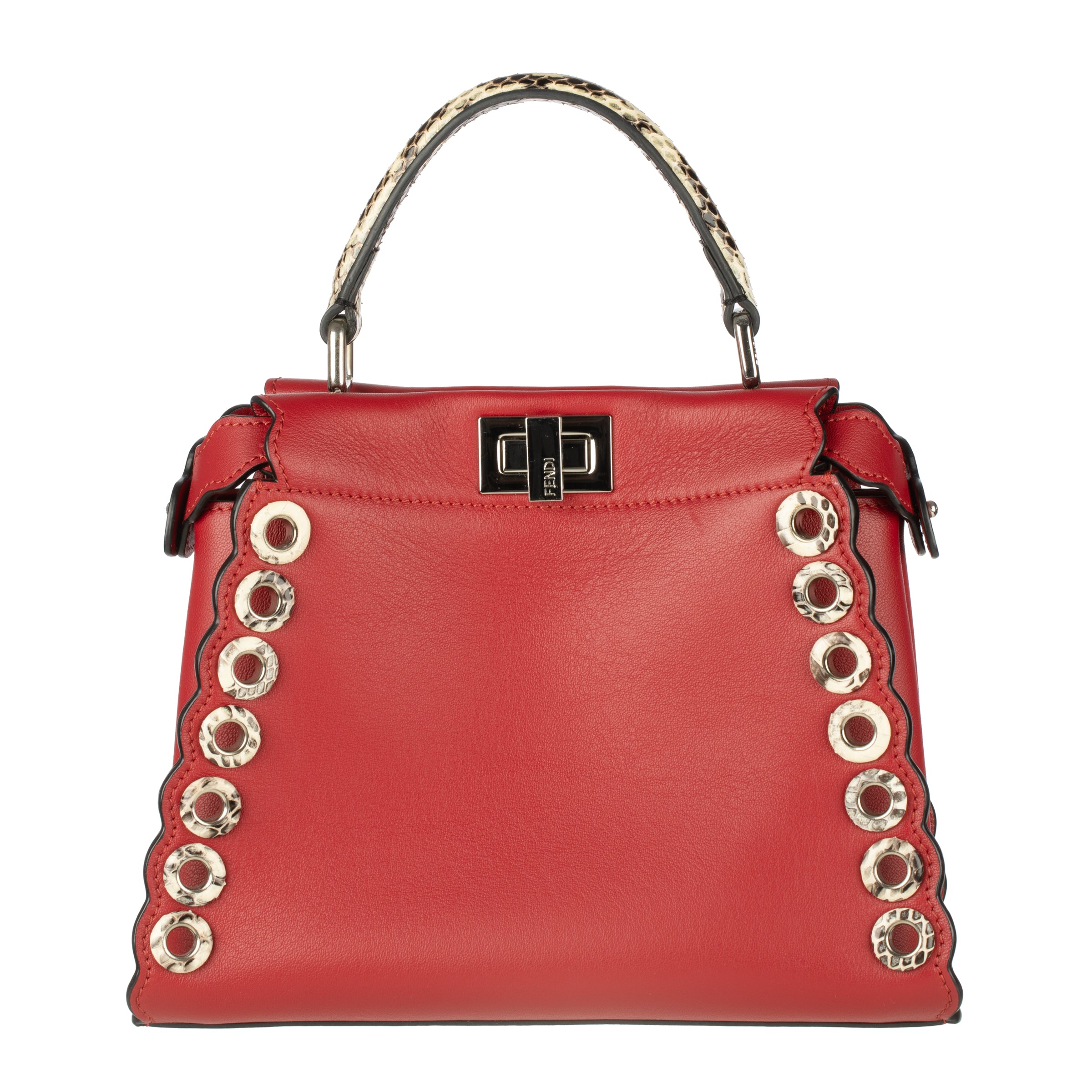 Fendi Red Leather & Snake Skin Eyelet Trim Mini Peekaboo