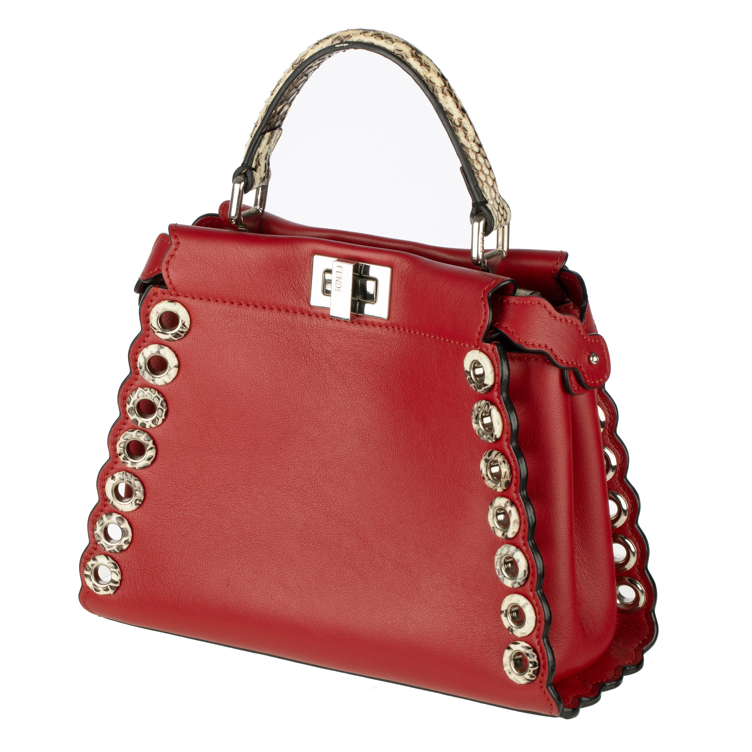 Fendi Red Leather & Snake Skin Eyelet Trim Mini Peekaboo