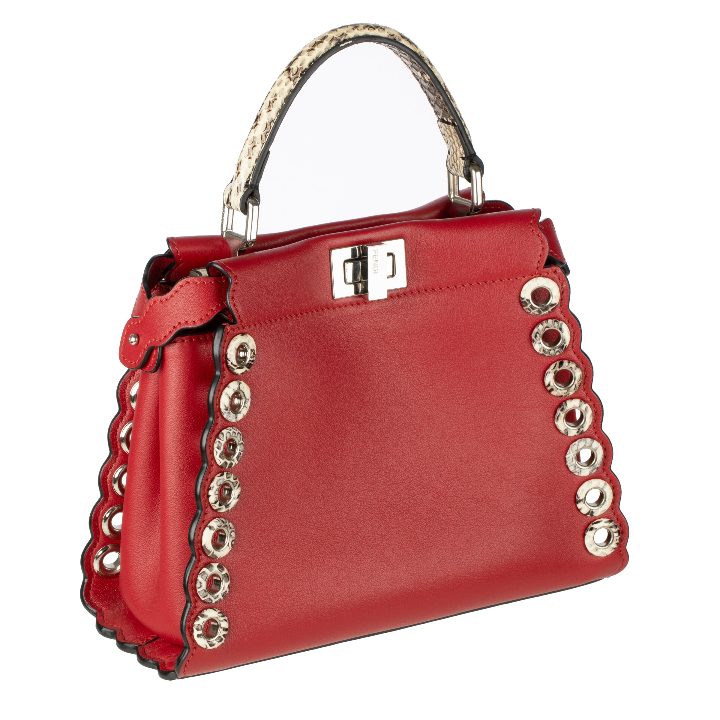 Fendi Red Leather & Snake Skin Eyelet Trim Mini Peekaboo