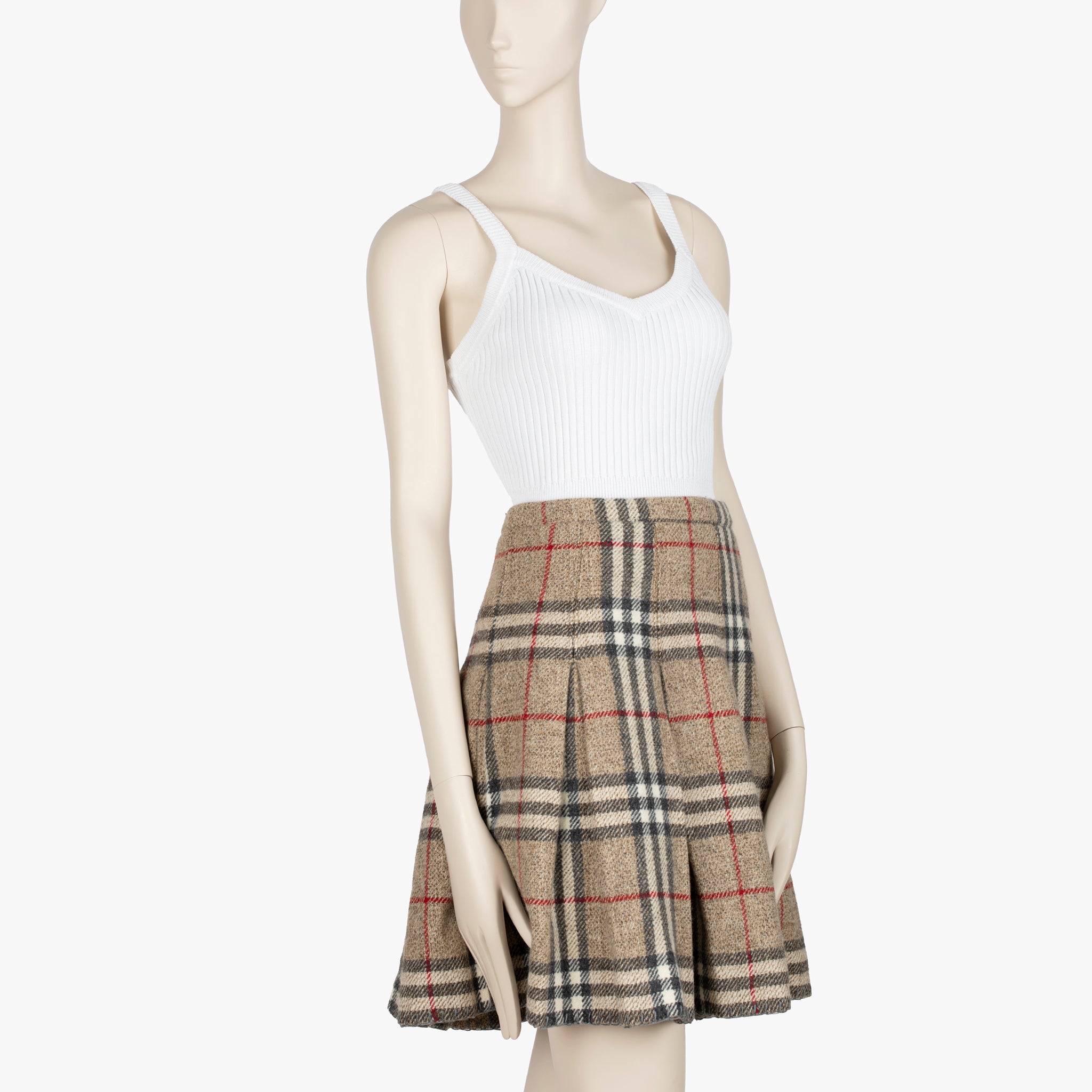 Burberry Pleated Check Beige Wool Skirt - Size 38 IT