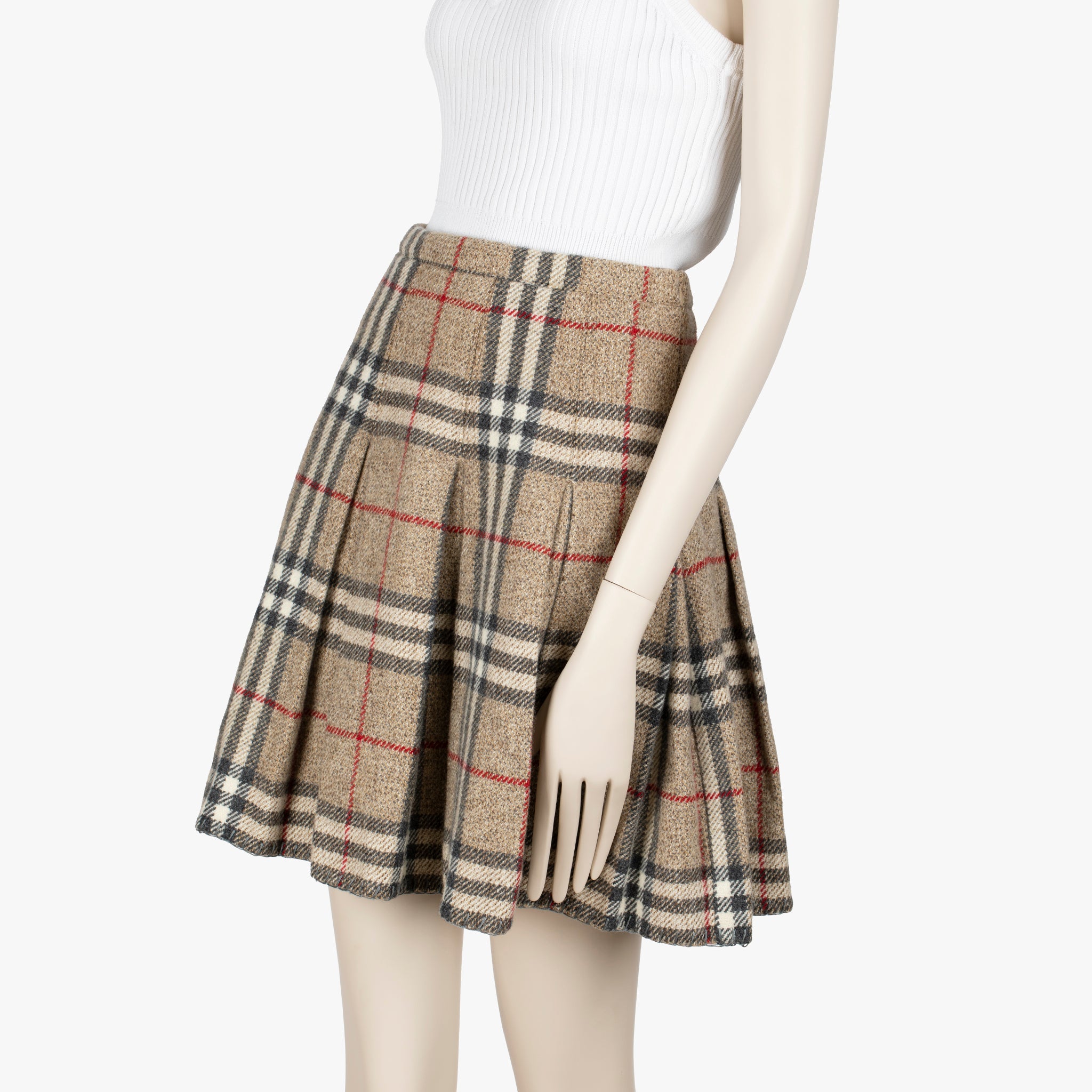 Burberry Pleated Check Beige Wool Skirt - Size 38 IT