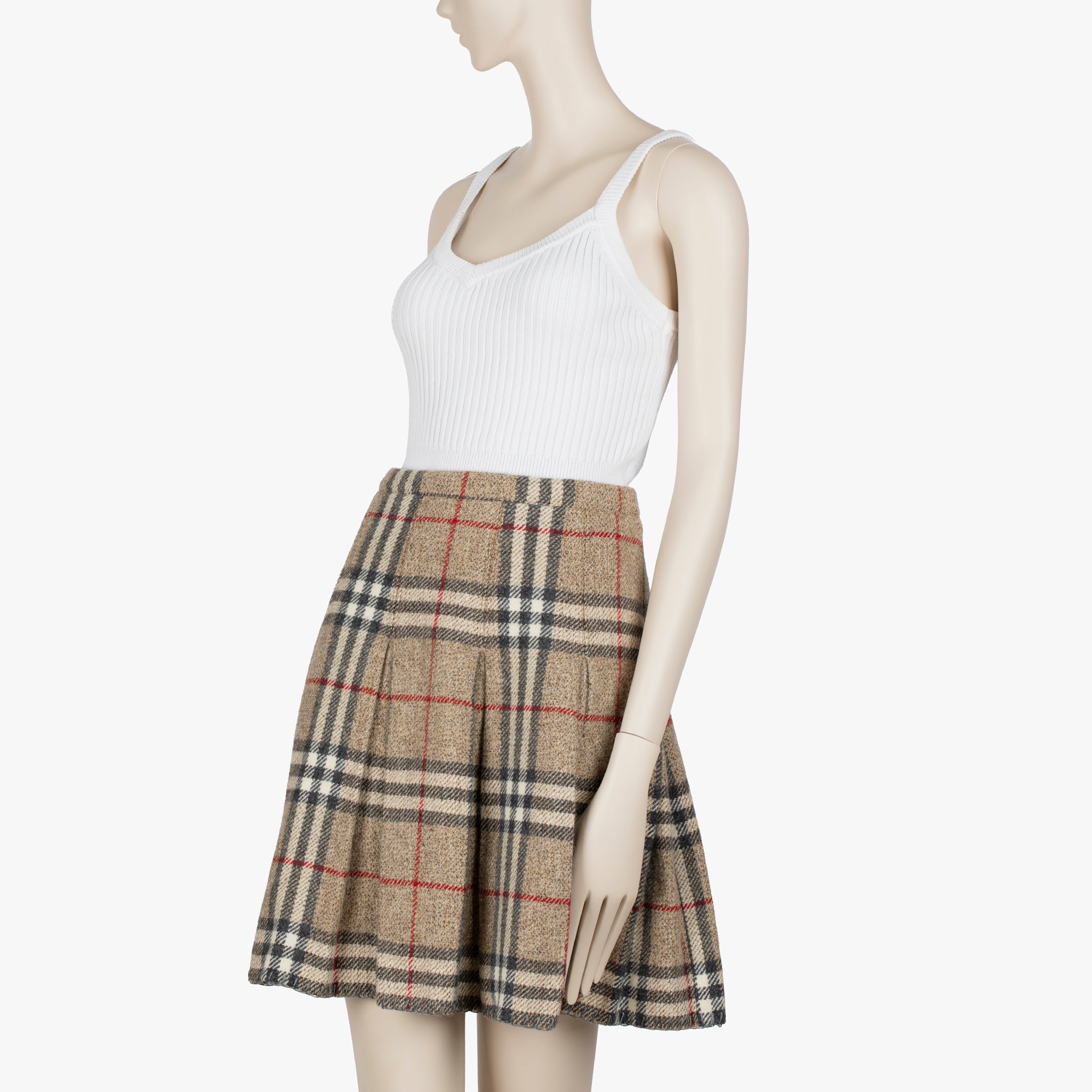 Burberry Pleated Check Beige Wool Skirt - Size 38 IT