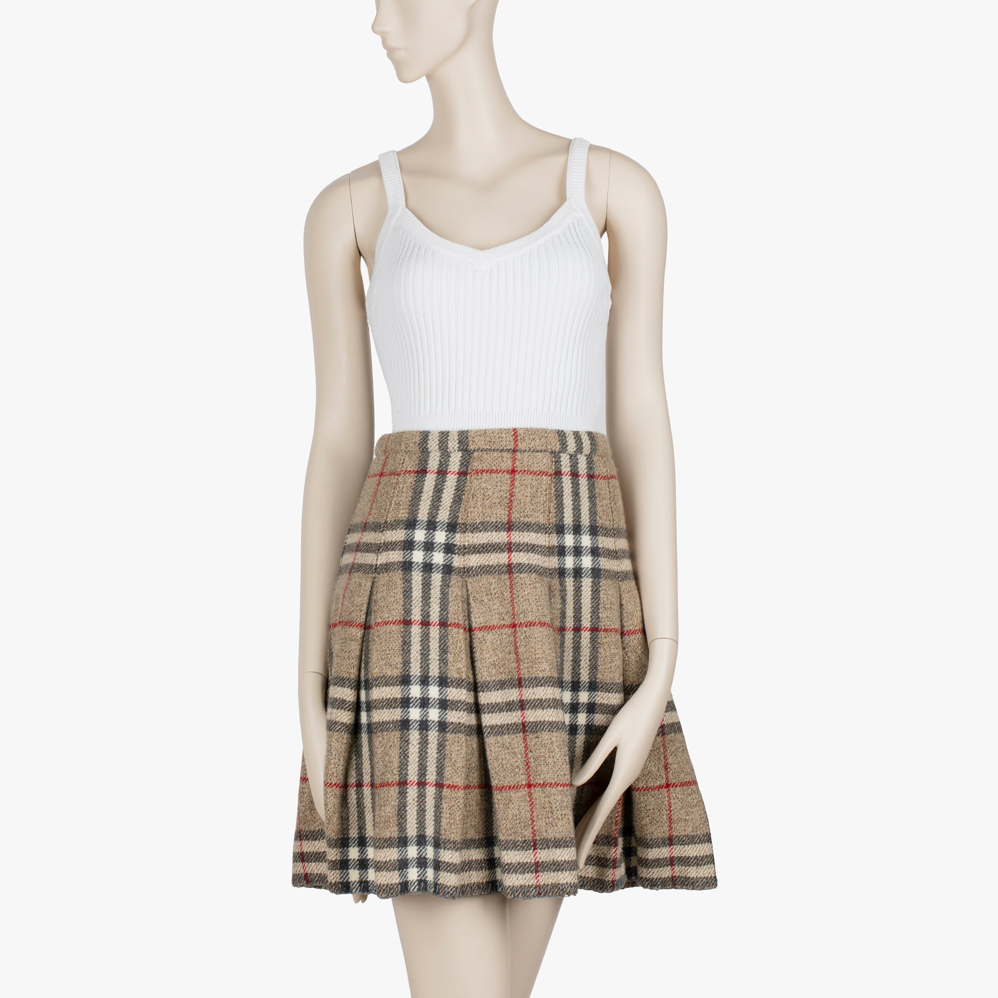 Burberry Pleated Check Beige Wool Skirt - Size 38 IT