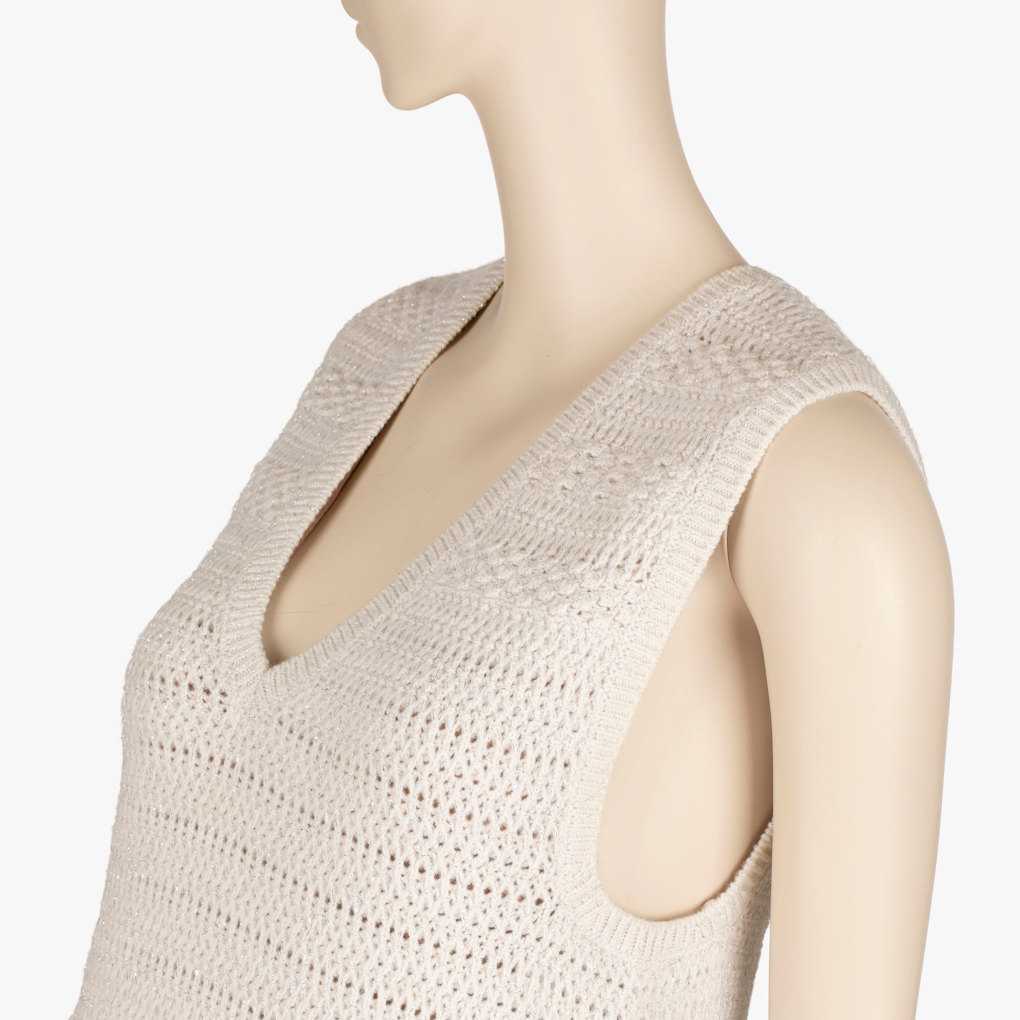 Chanel Ivory Crochet Sleeveless Mini Dress with CC Buttons – Size FR 36
