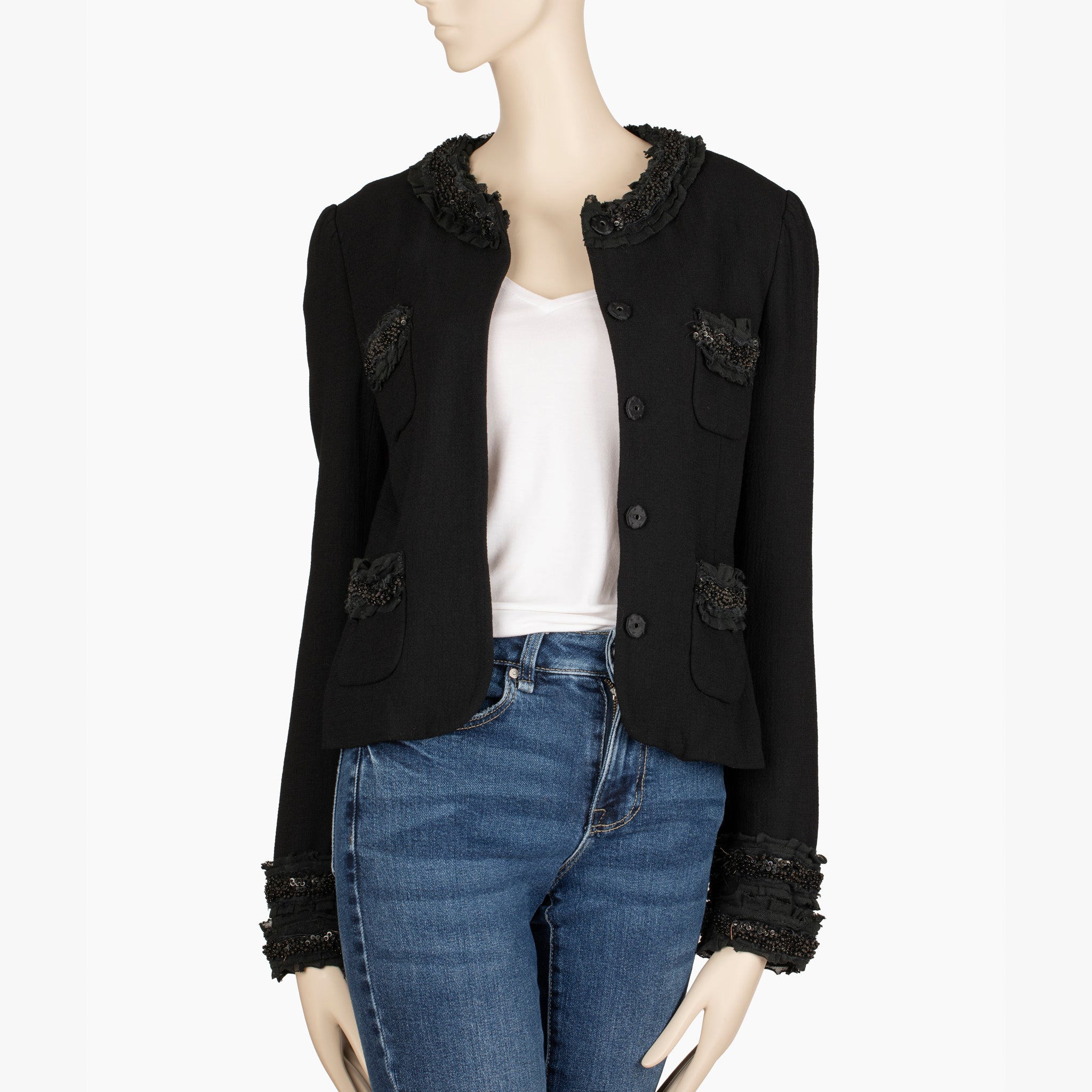 Dolce & Gabbana Black Embellished Collar and Cuff Cropped Jacket – Size 40 IT