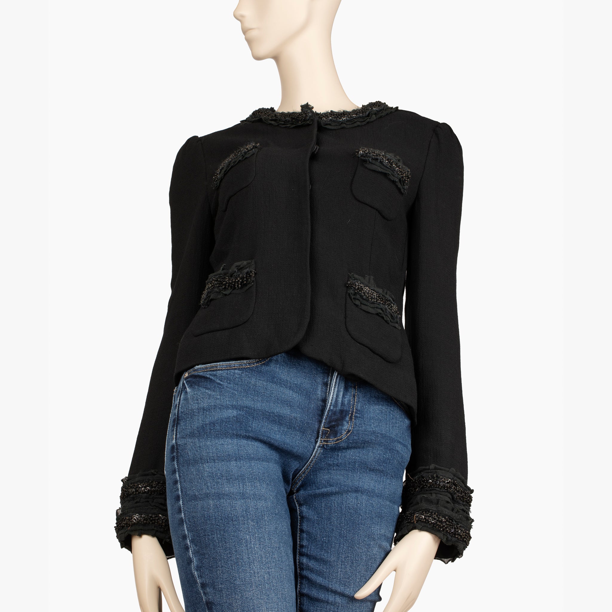 Dolce & Gabbana Black Embellished Collar and Cuff Cropped Jacket – Size 40 IT