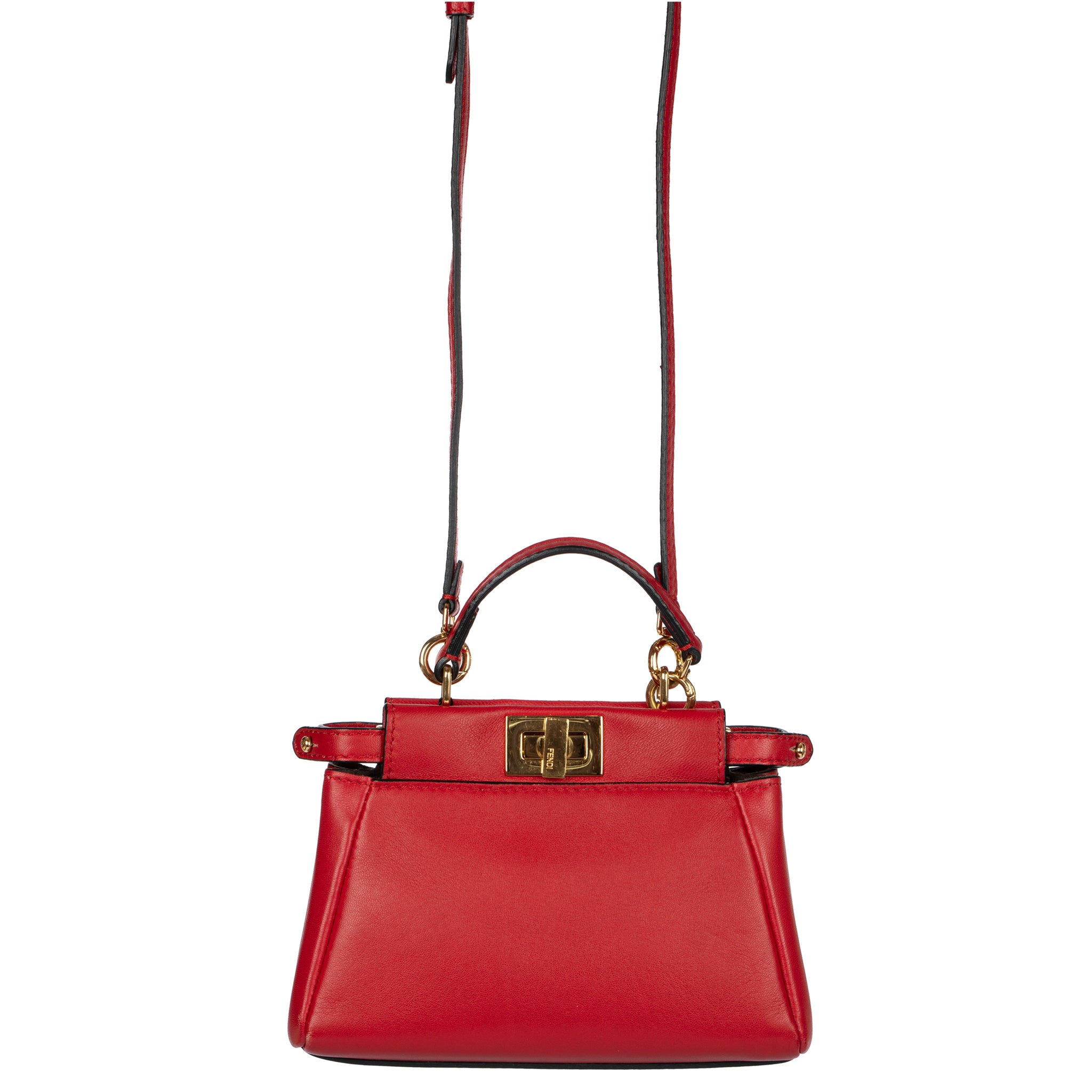 Fendi Micro Red Leather Peekaboo Cross Body Bag Gold Tone Hardware