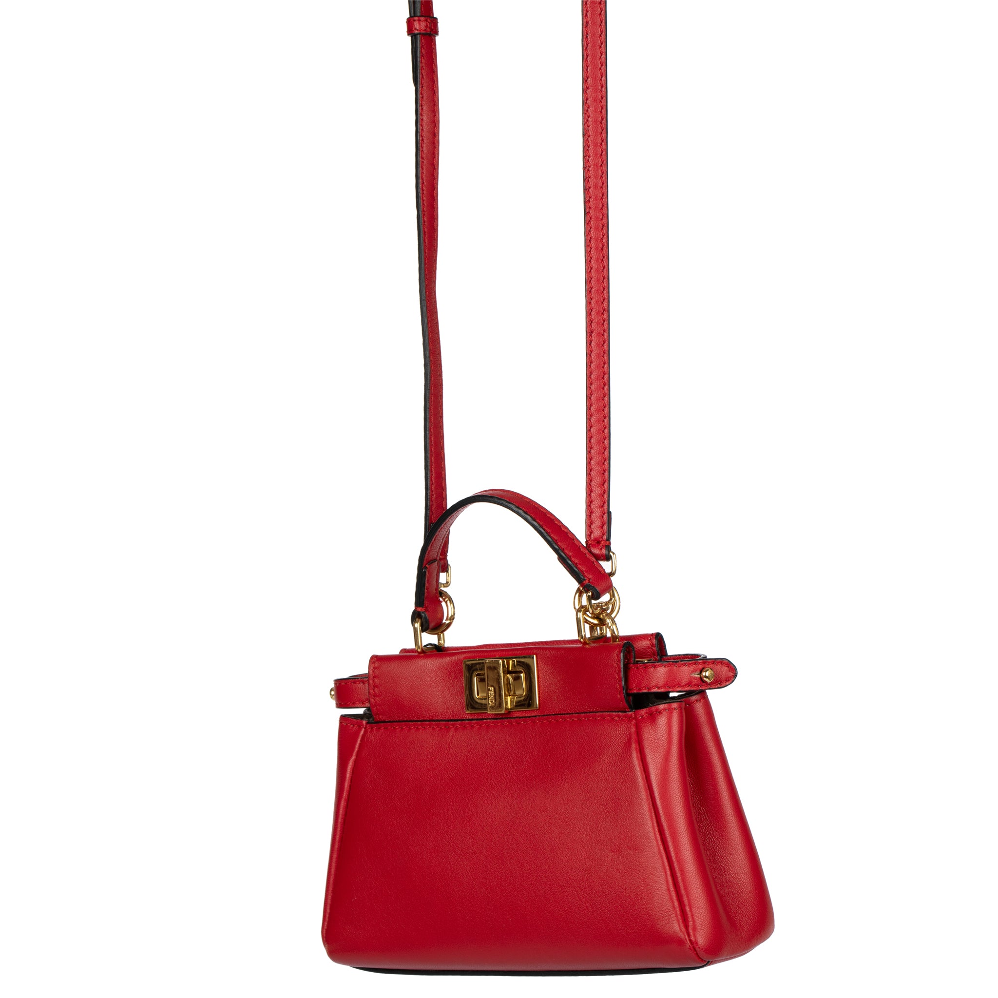 Fendi Micro Red Leather Peekaboo Cross Body Bag Gold Tone Hardware