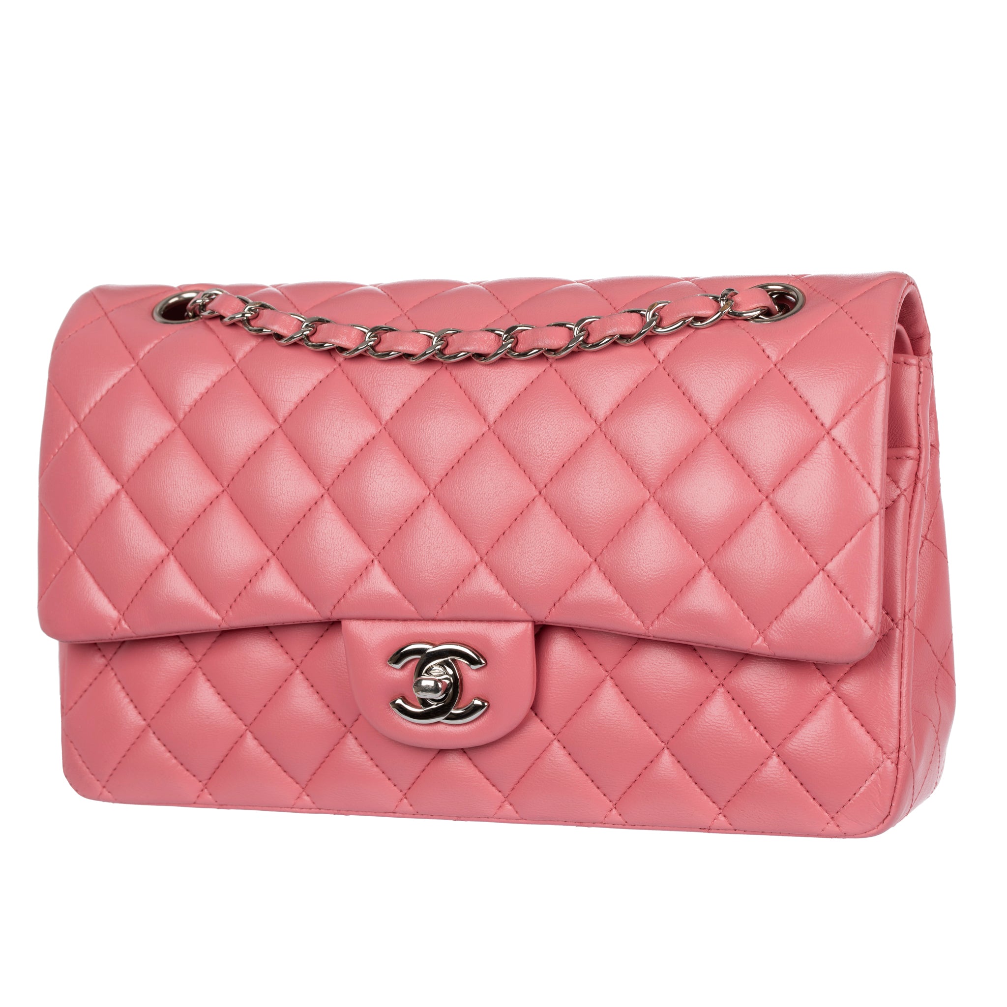Chanel Medium Double Classic Flap Bag Pink Lambskin Leather Gold Tone Hardware