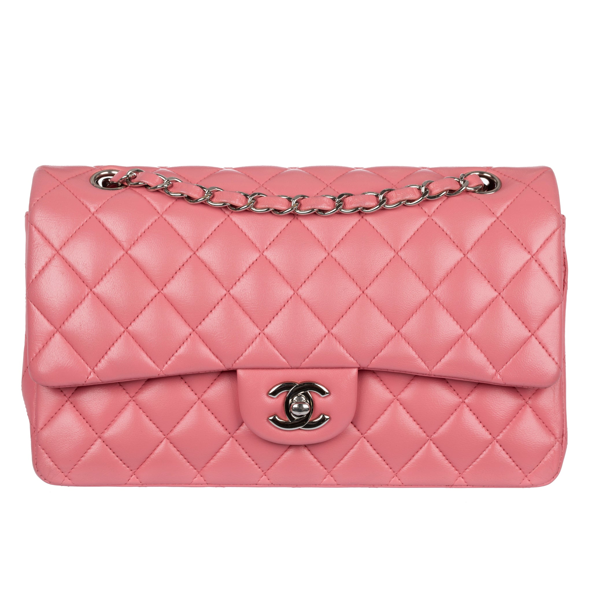 Chanel Medium Double Classic Flap Bag Pink Lambskin Leather Gold Tone Hardware