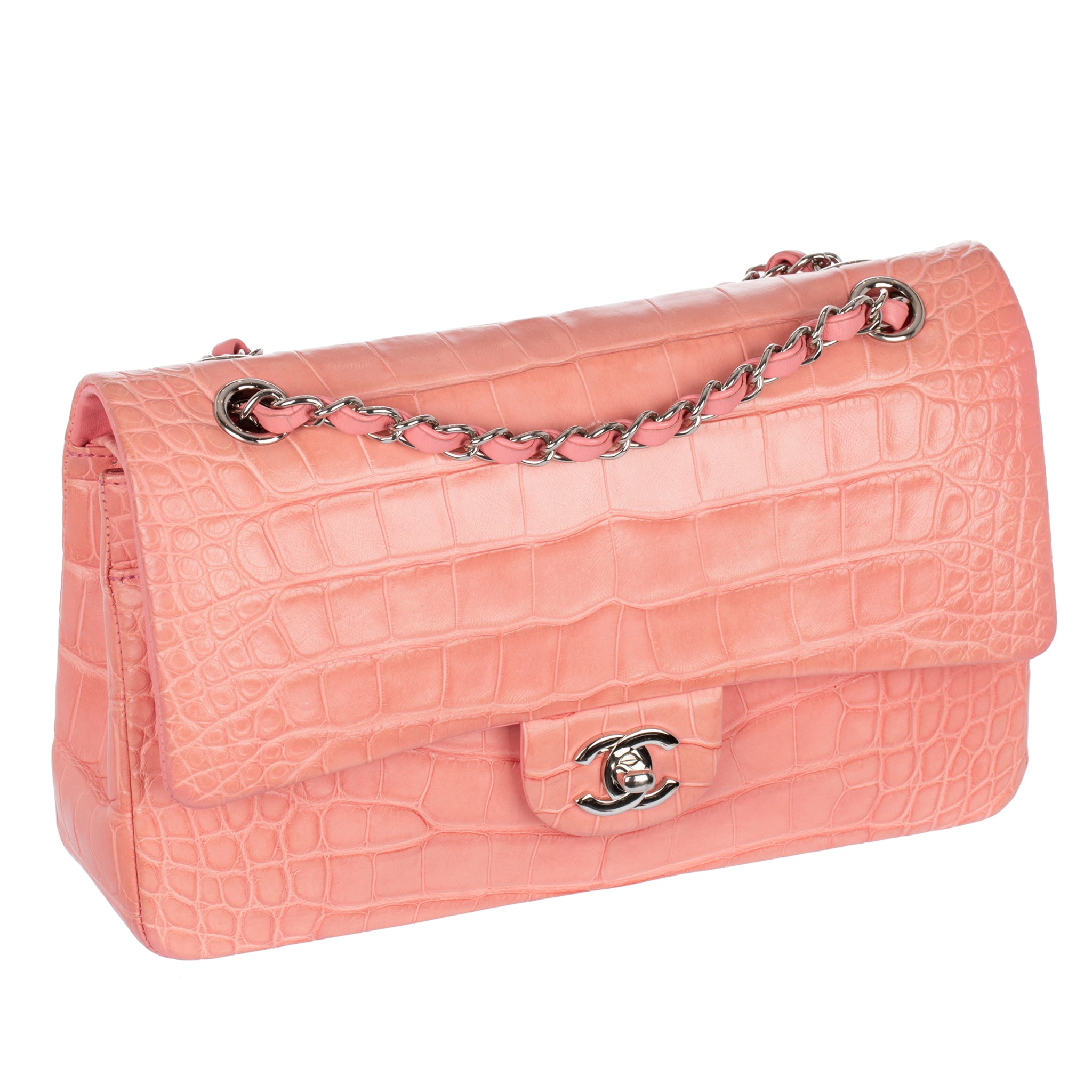 Chanel Medium Double Classic Flap Bag Coral Pink Matte Crocodile Leath