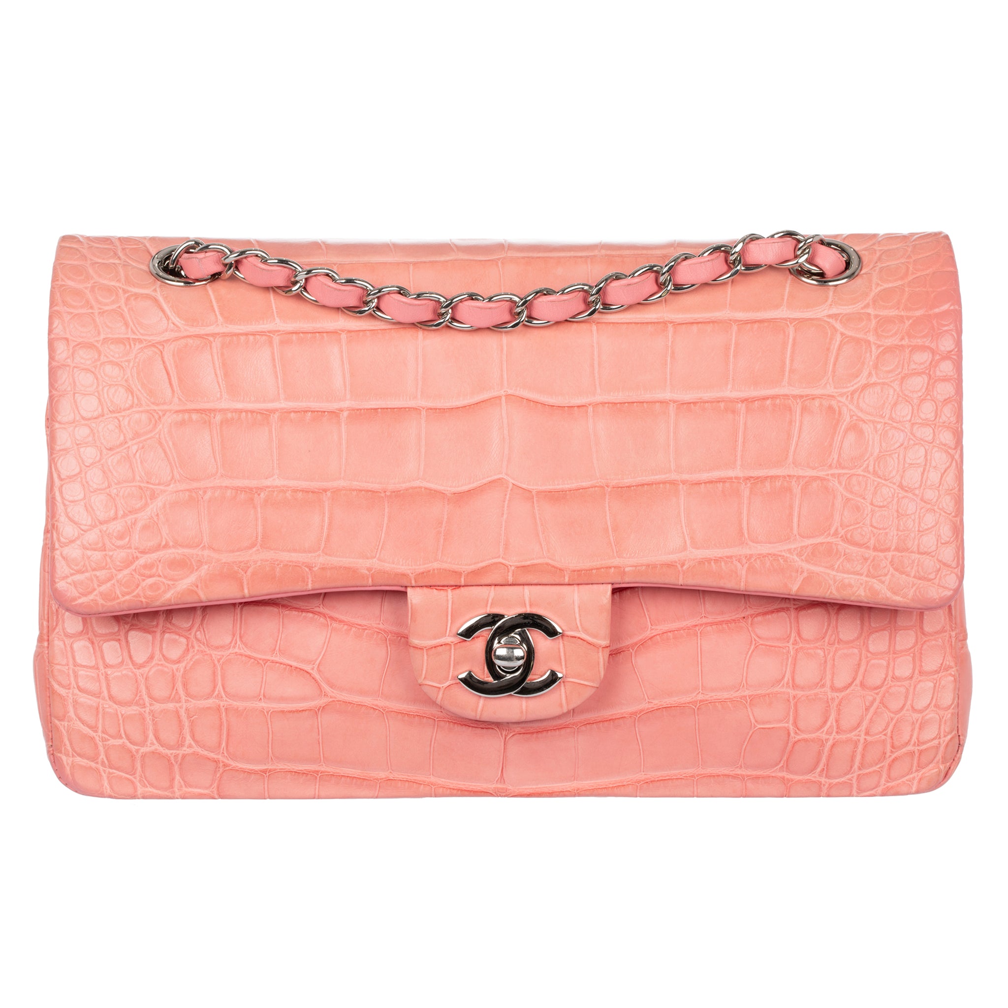 Chanel Medium Double Classic Flap Bag Coral Pink Matte Crocodile Leather Silver Tone Hardware