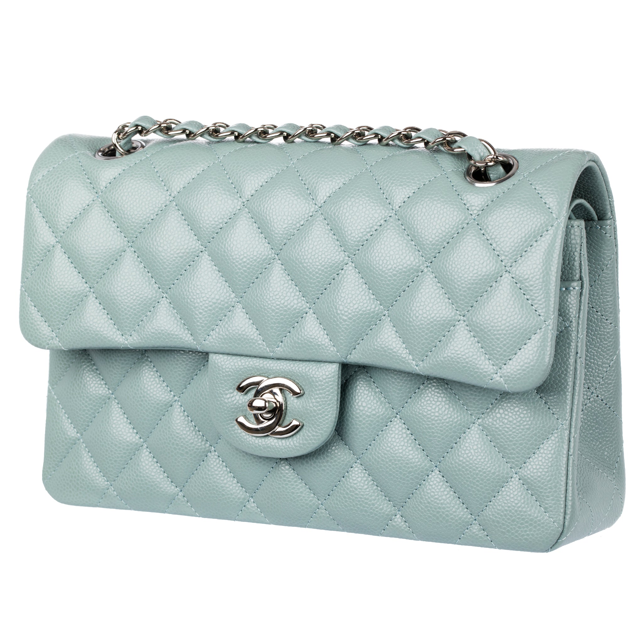 Chanel Small Double Classic Flap Bag Dusty Blue Caviar Leather Silver Tone Hardware