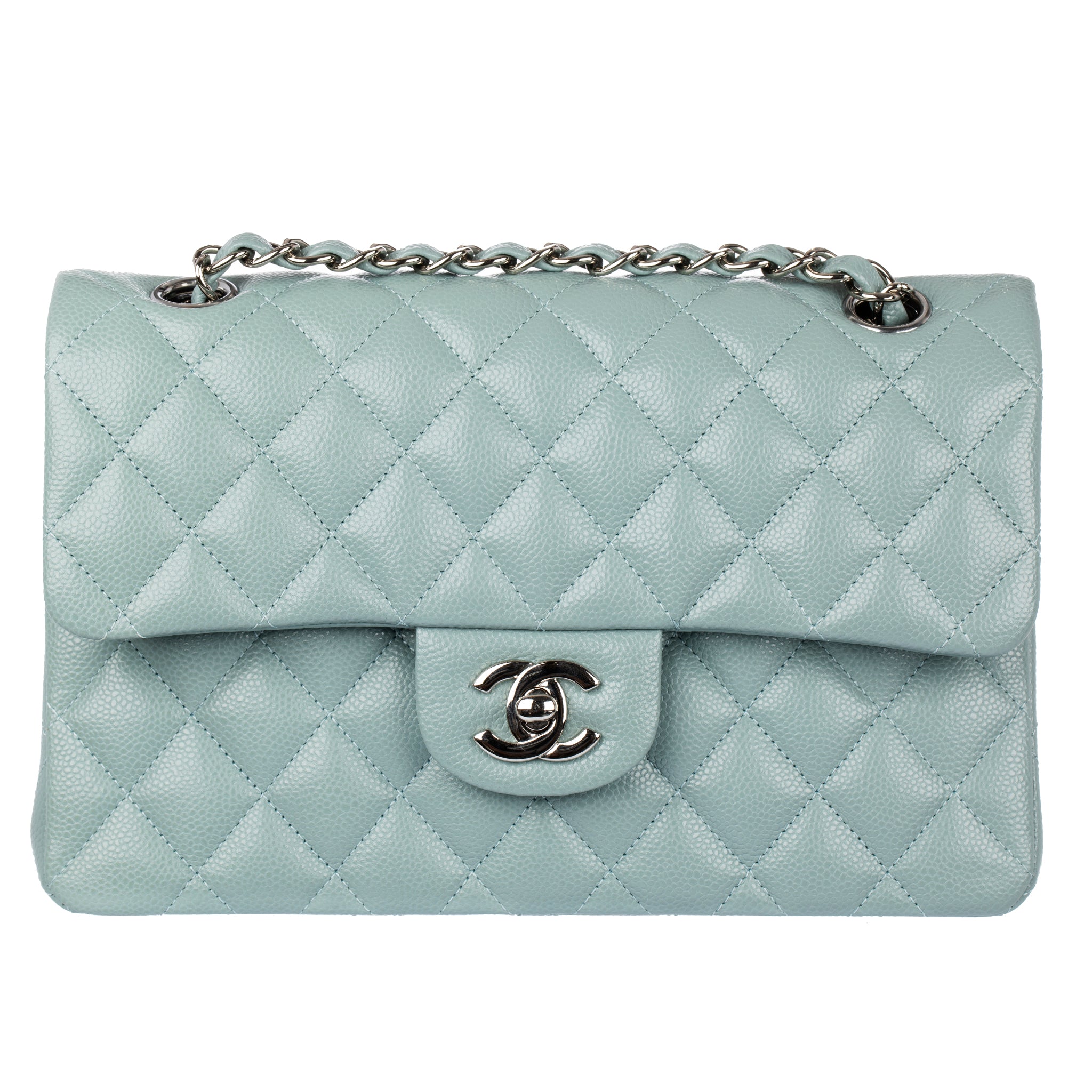 Chanel Small Double Classic Flap Bag Dusty Blue Caviar Leather Silver