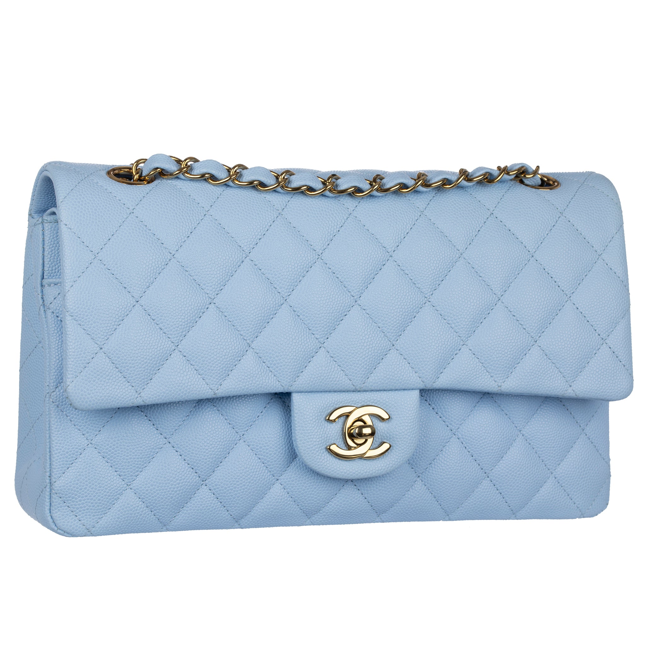 Chanel Medium Double Classic Flap Bag Pale Blue Caviar Leather Gold Tone Hardware