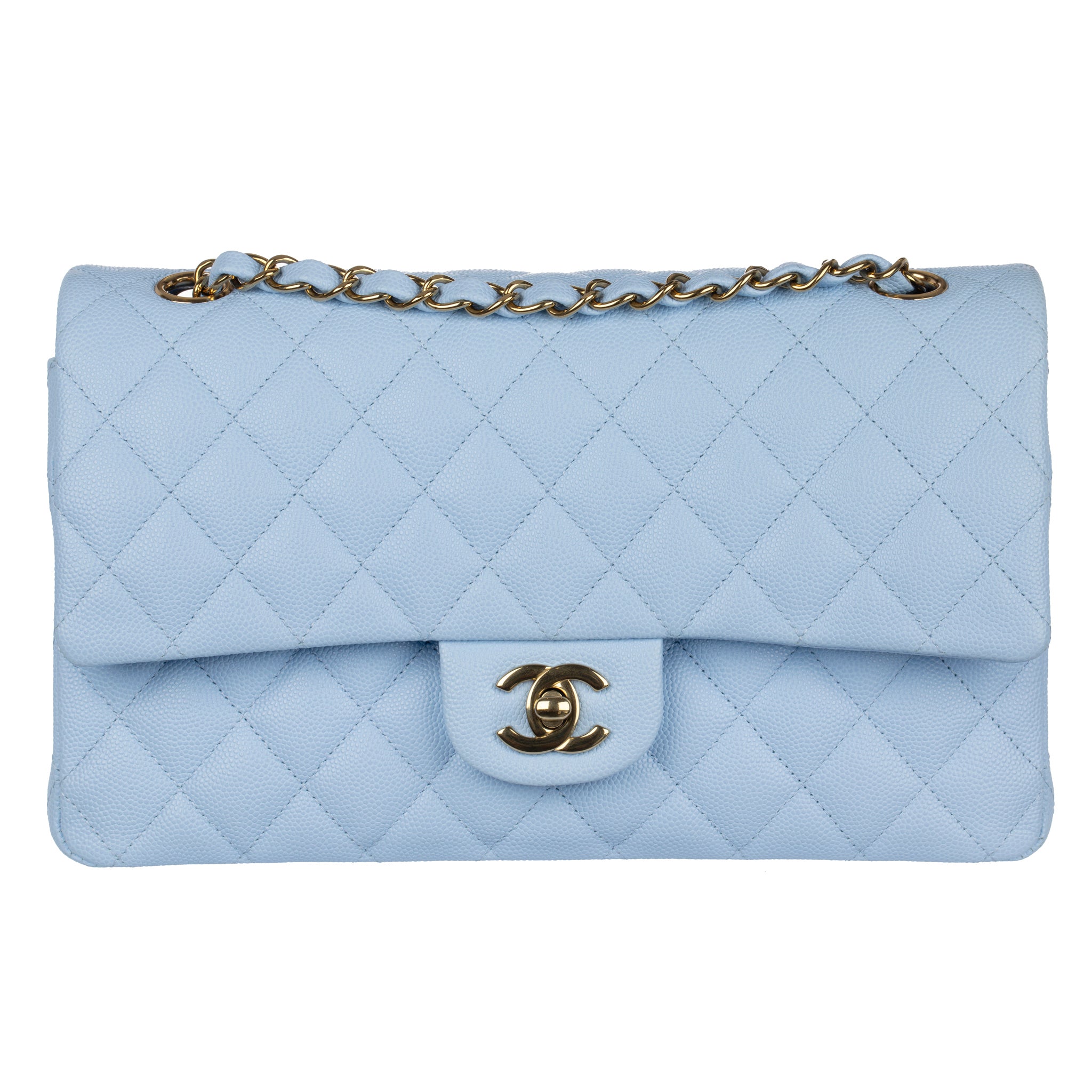 Chanel Medium Double Classic Flap Bag Pale Blue Caviar Leather Gold Tone Hardware