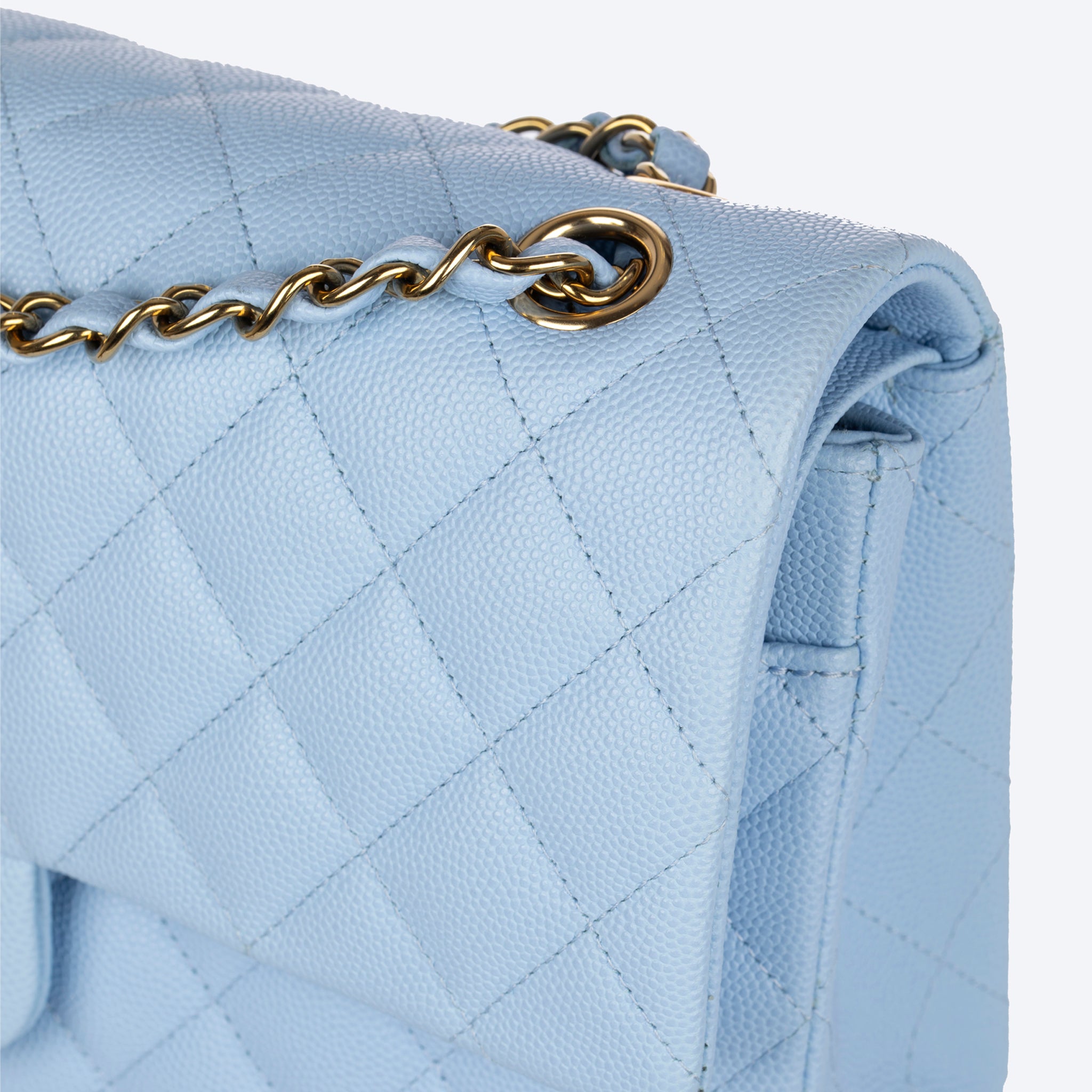 Chanel Medium Double Classic Flap Bag Pale Blue Caviar Leather Gold Tone Hardware