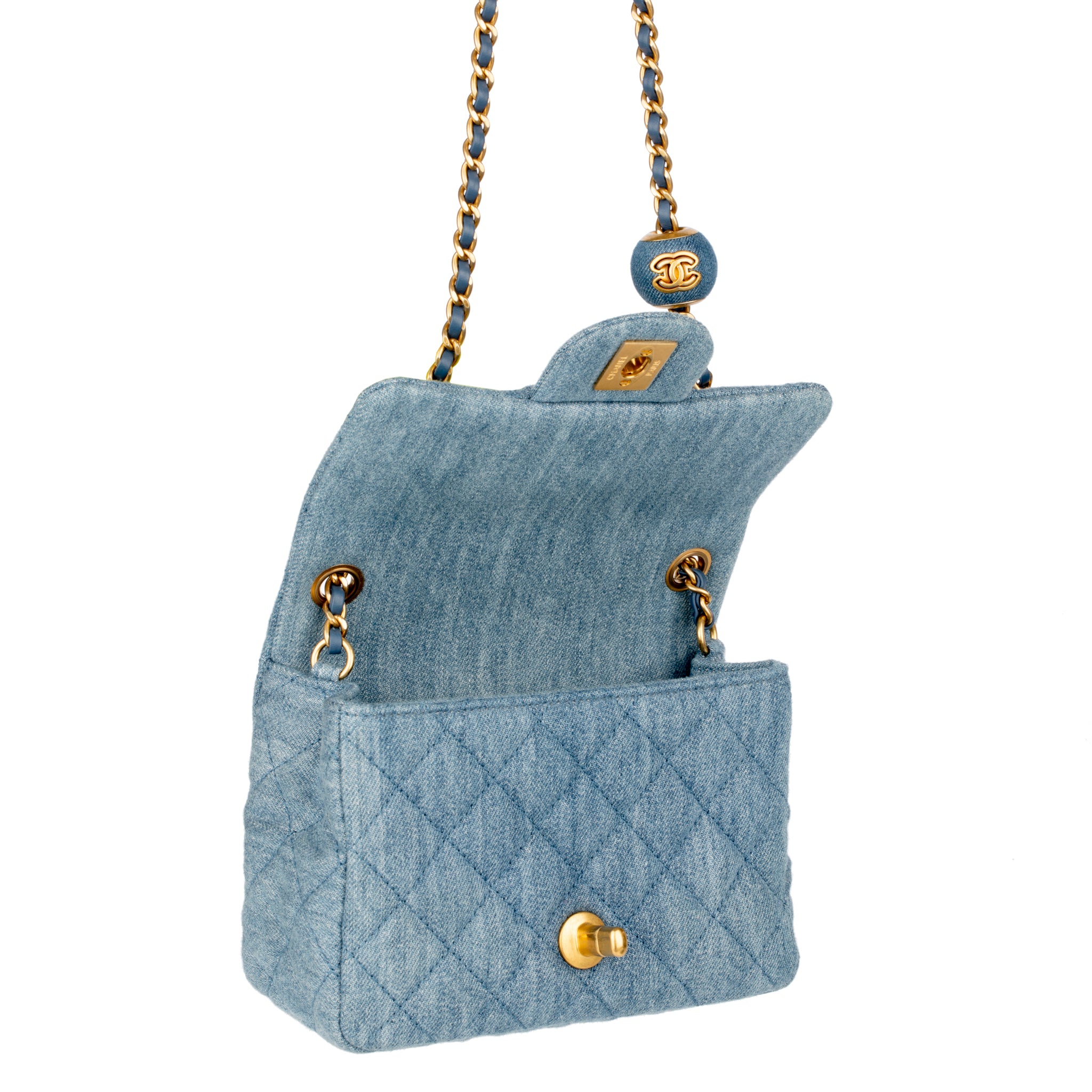 Chanel Pearl Crush Mini Square Flap Bag Denim Gold Hardware