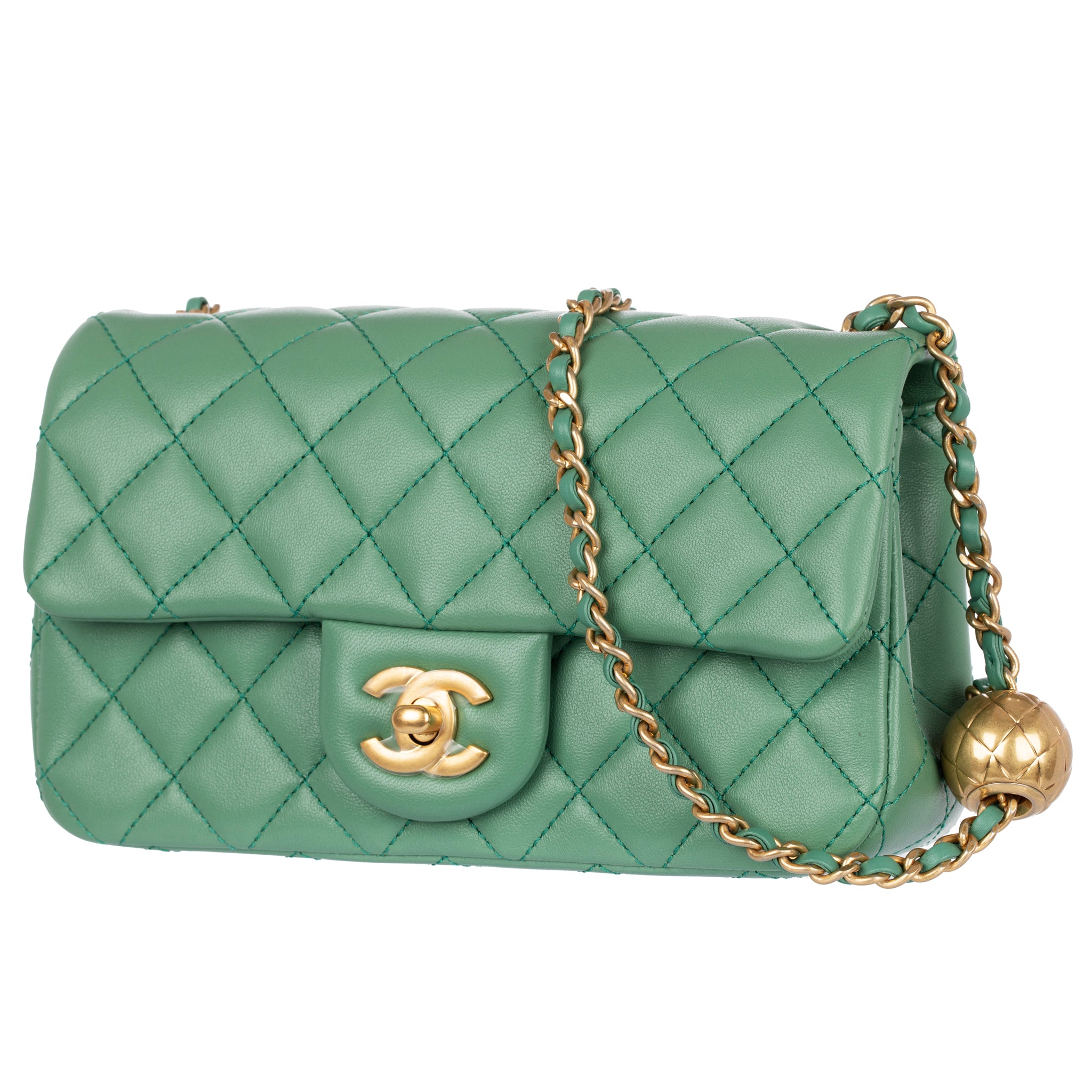 Chanel Pearl Crush Mini Rectangular Flap Bag Dark Green Lambskin Antiq