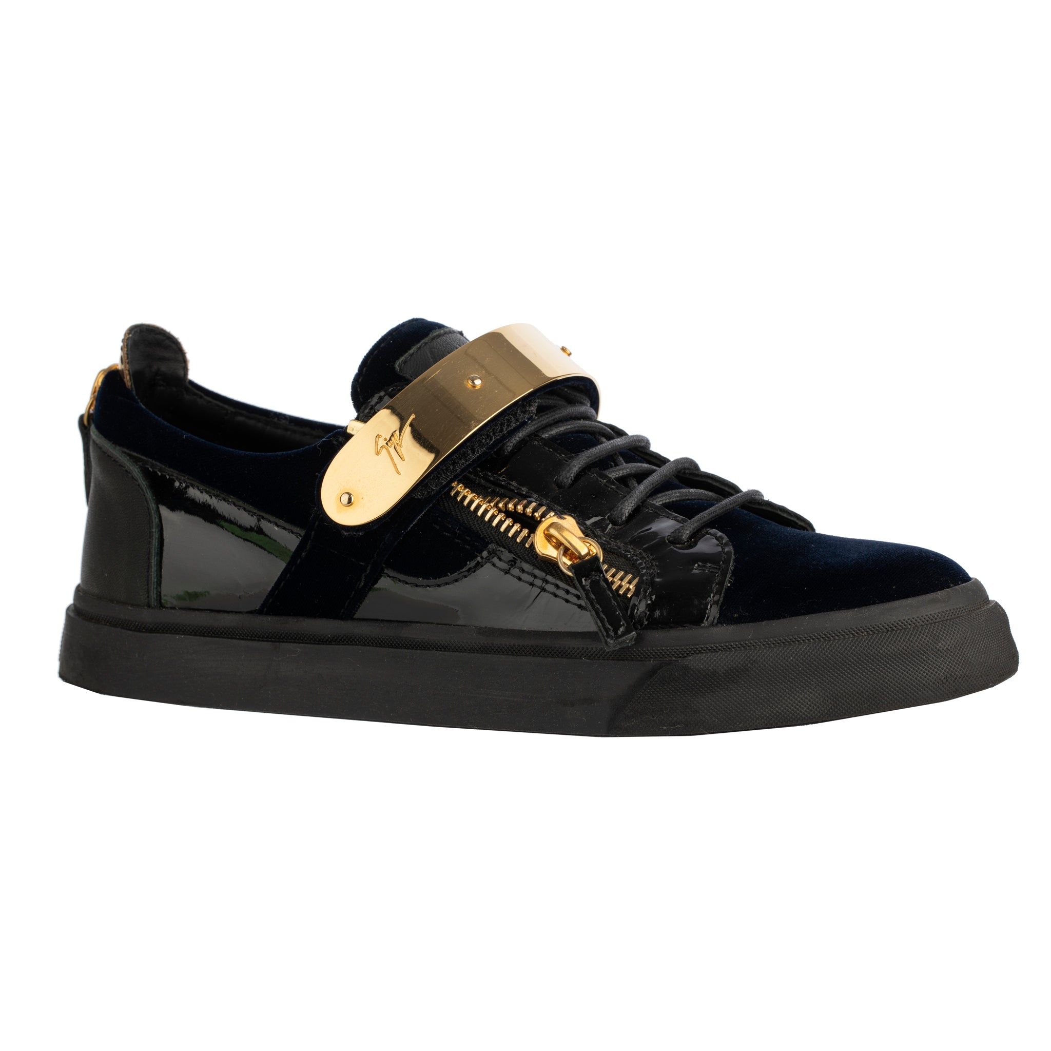 Giuseppe Zanotti Mens Black Black/Blue Velvet & Patent Leather Double Zipper Low Top Sneakers 41