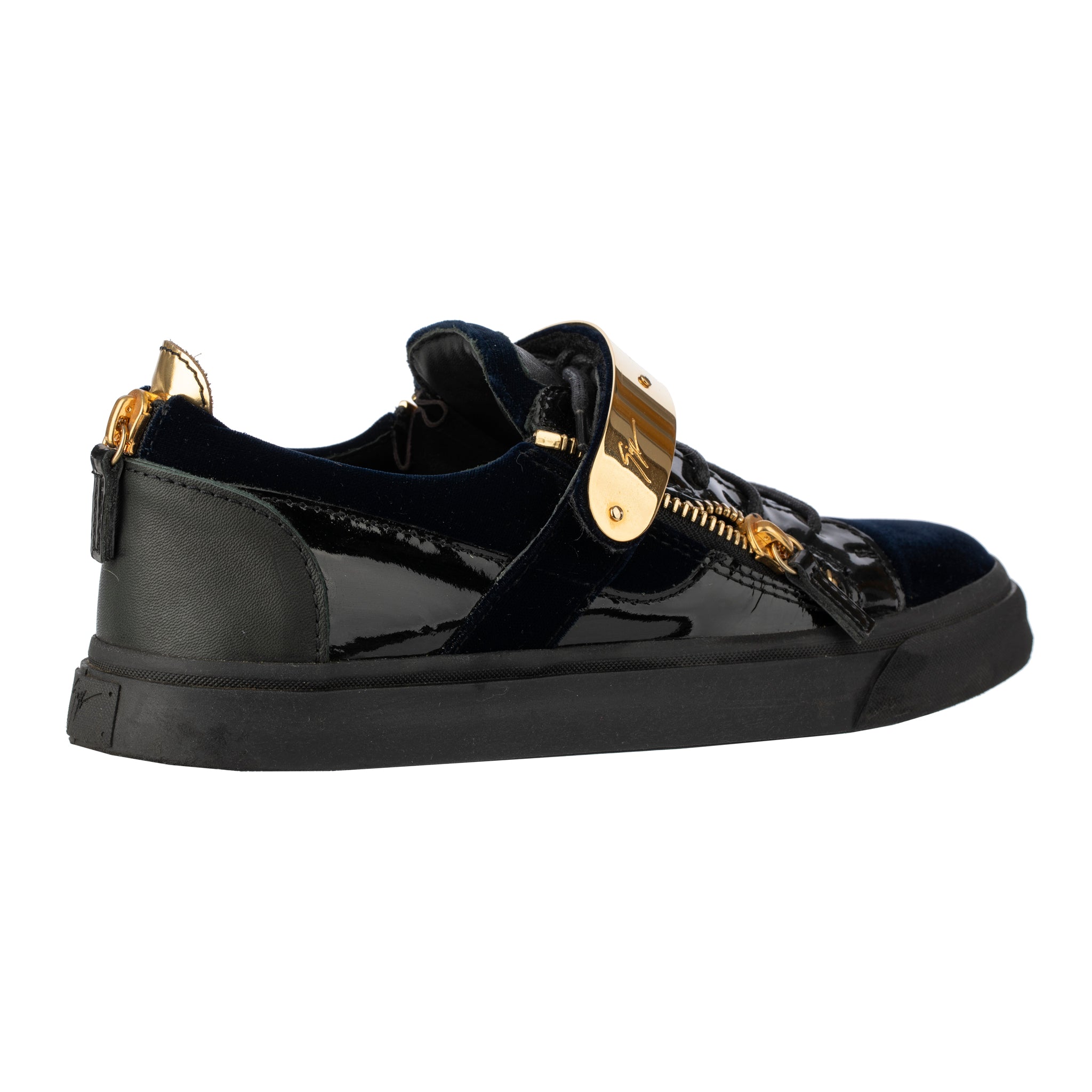 Giuseppe Zanotti Mens Black Black/Blue Velvet & Patent Leather Double Zipper Low Top Sneakers 41