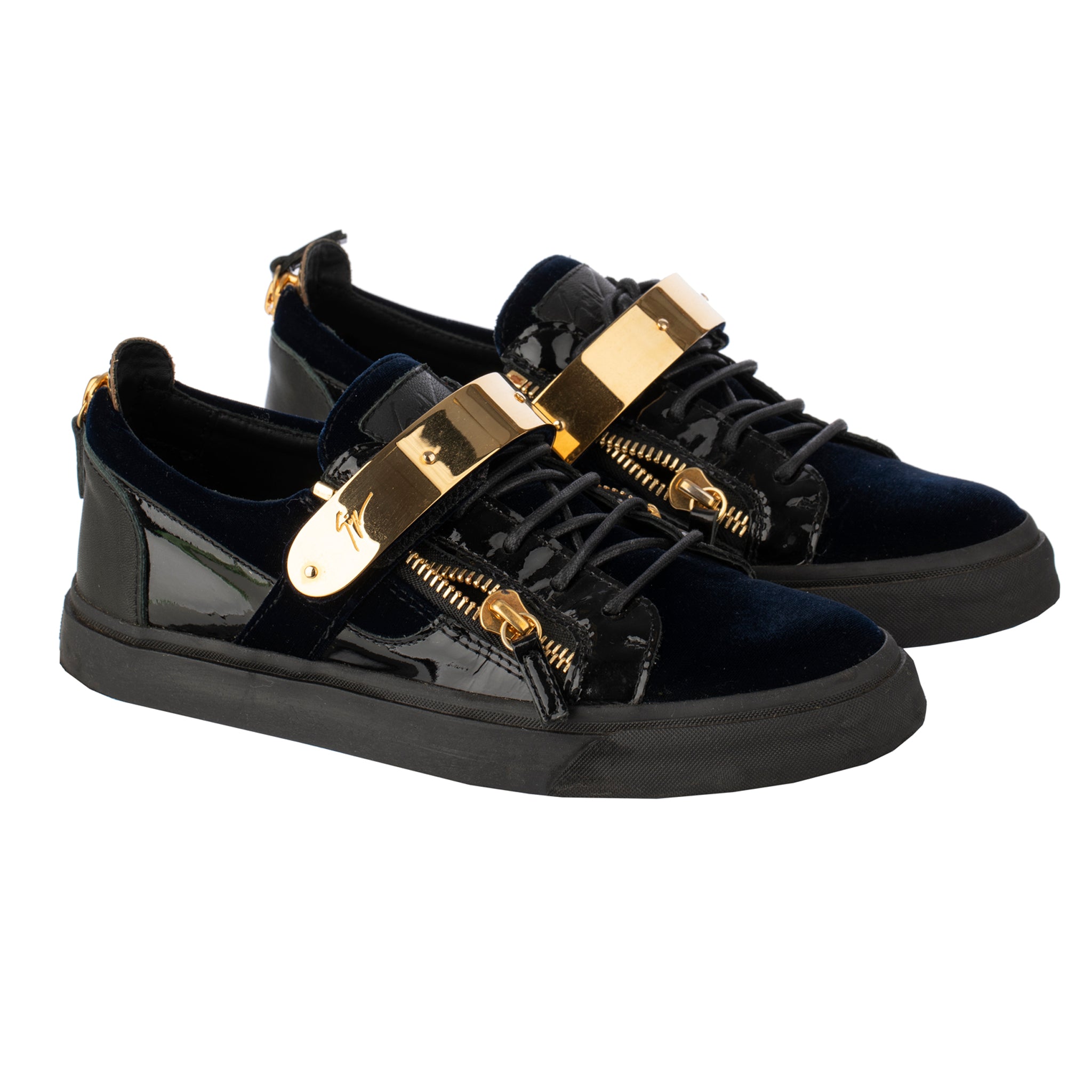 Giuseppe Zanotti Mens Black Black/Blue Velvet & Patent Leather Double Zipper Low Top Sneakers 41