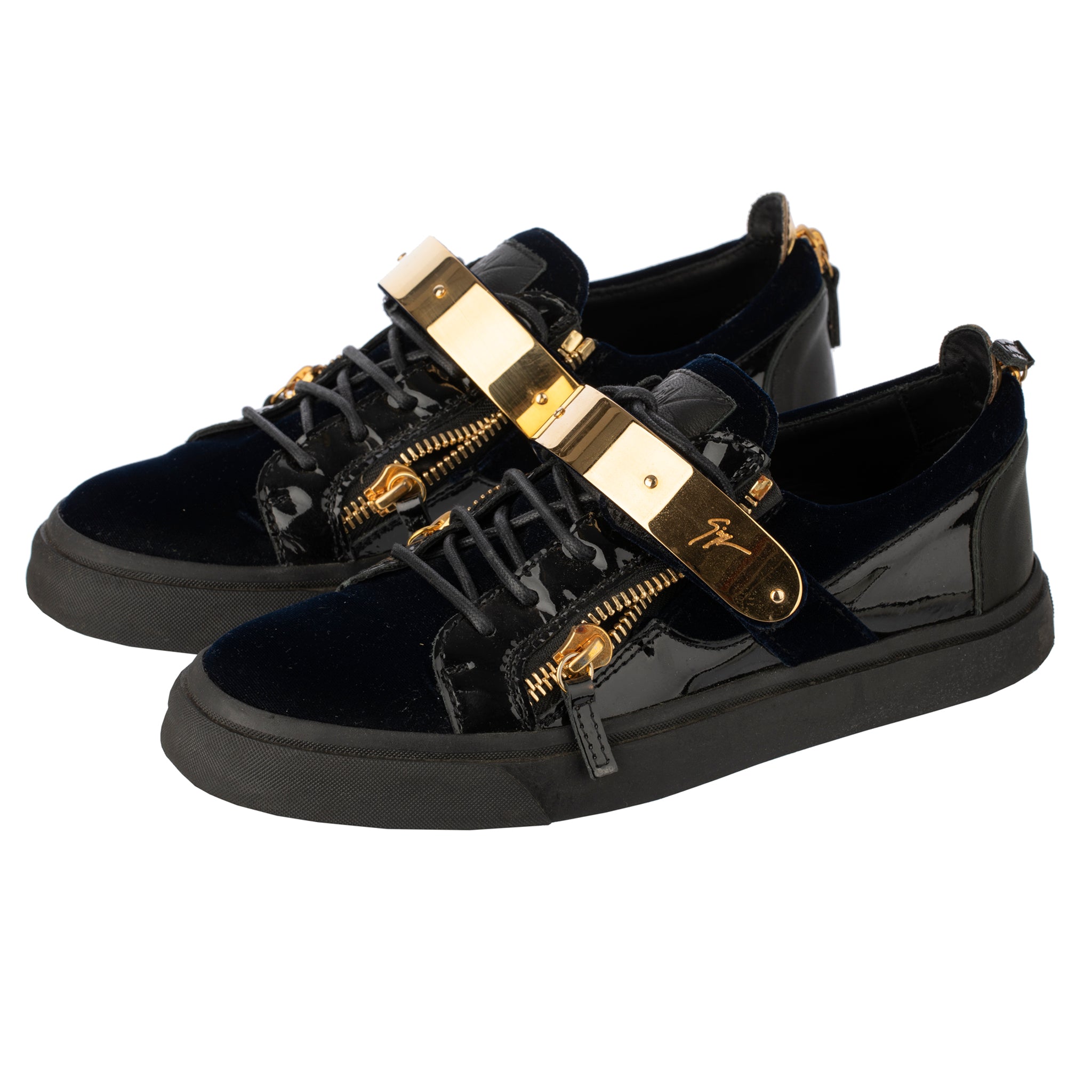 Giuseppe Zanotti Mens Black Black/Blue Velvet & Patent Leather Double Zipper Low Top Sneakers 41