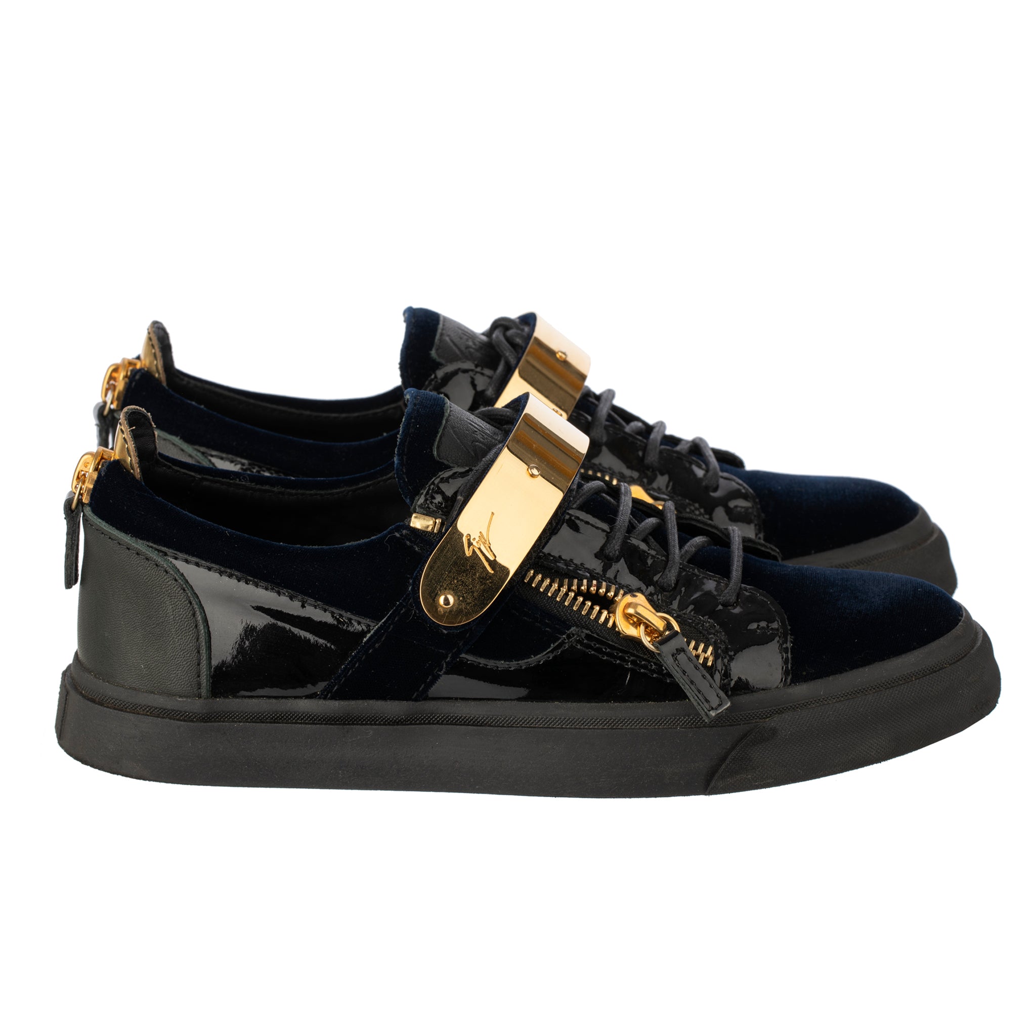 Giuseppe Zanotti Mens Black Black/Blue Velvet & Patent Leather Double Zipper Low Top Sneakers 41