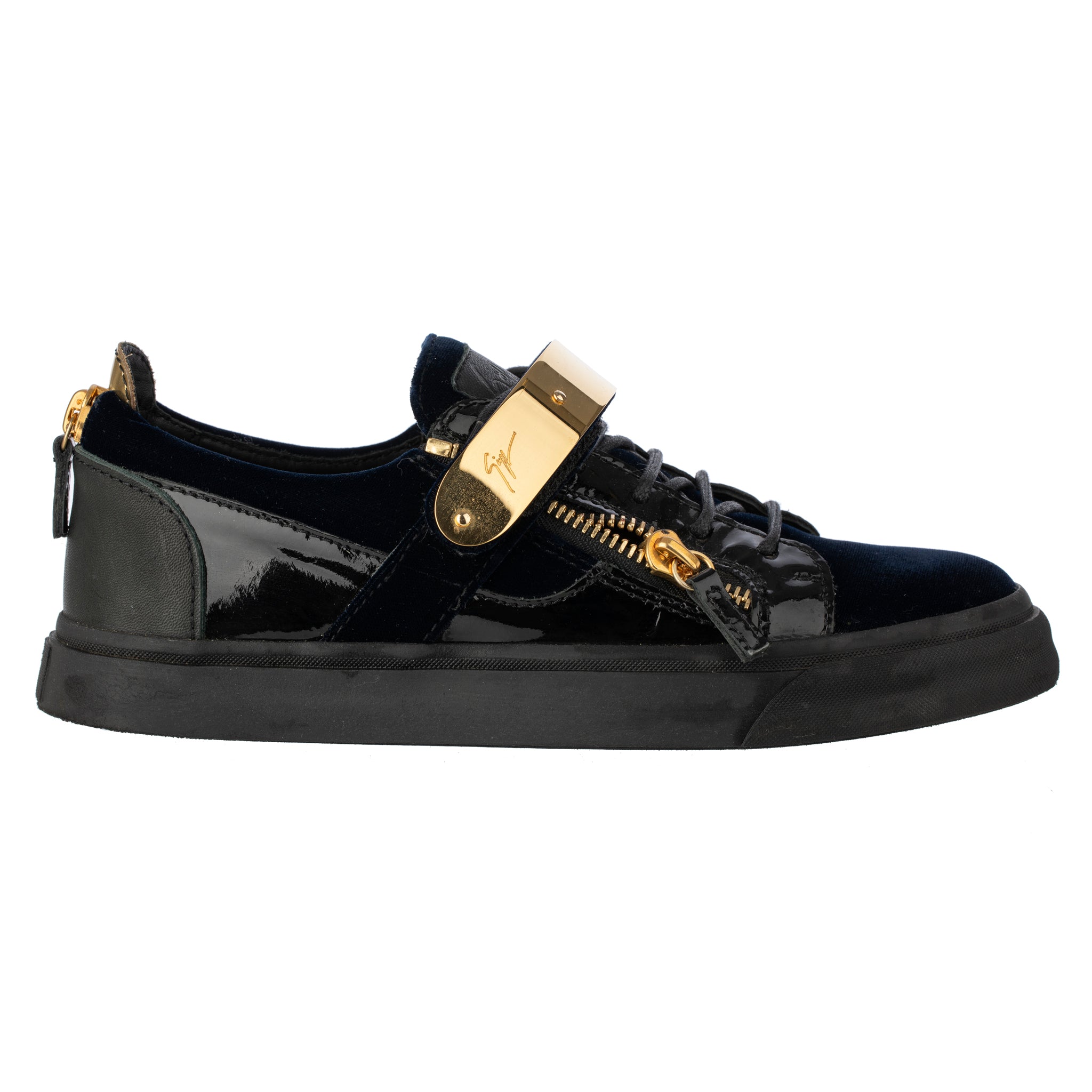 Giuseppe Zanotti Mens Black Black/Blue Velvet & Patent Leather Double Zipper Low Top Sneakers 41