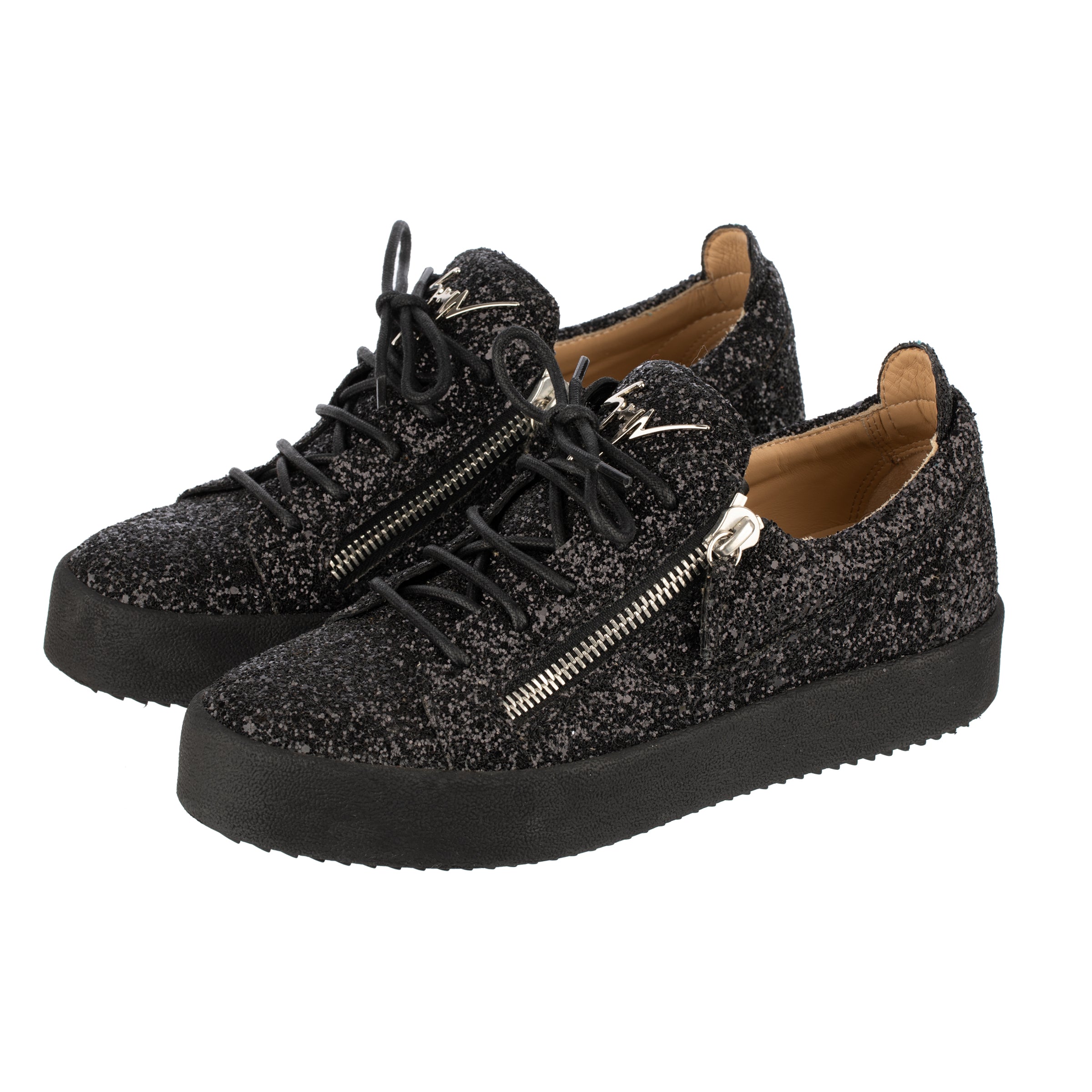 Giuseppe Zanotti Mens Black Glitter Double Zipper Low Top Sneakers 41