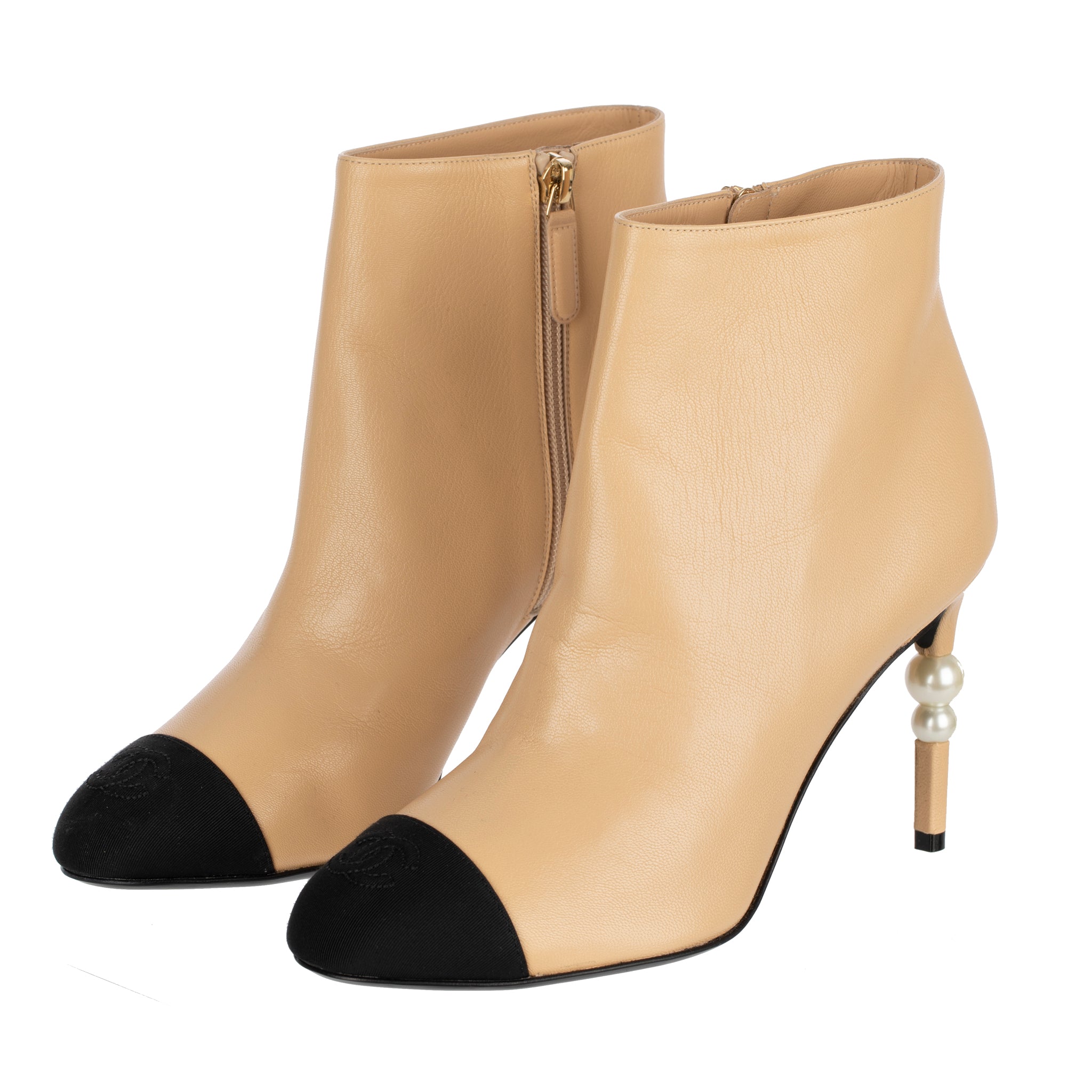 Chanel Ankle Boots Beige & Black With Pearl Details 38.5 FR