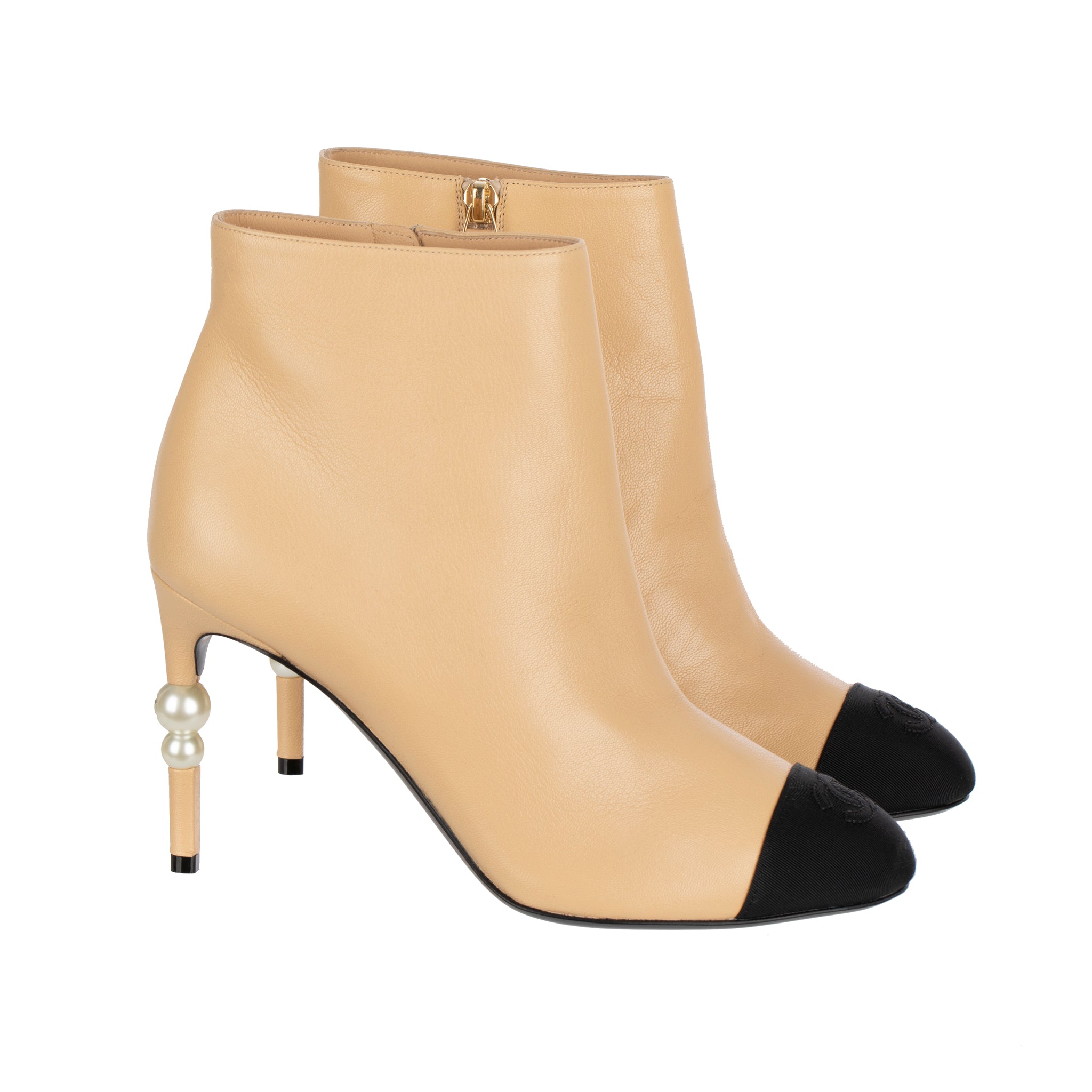 Chanel Ankle Boots Beige & Black With Pearl Details 38.5 FR