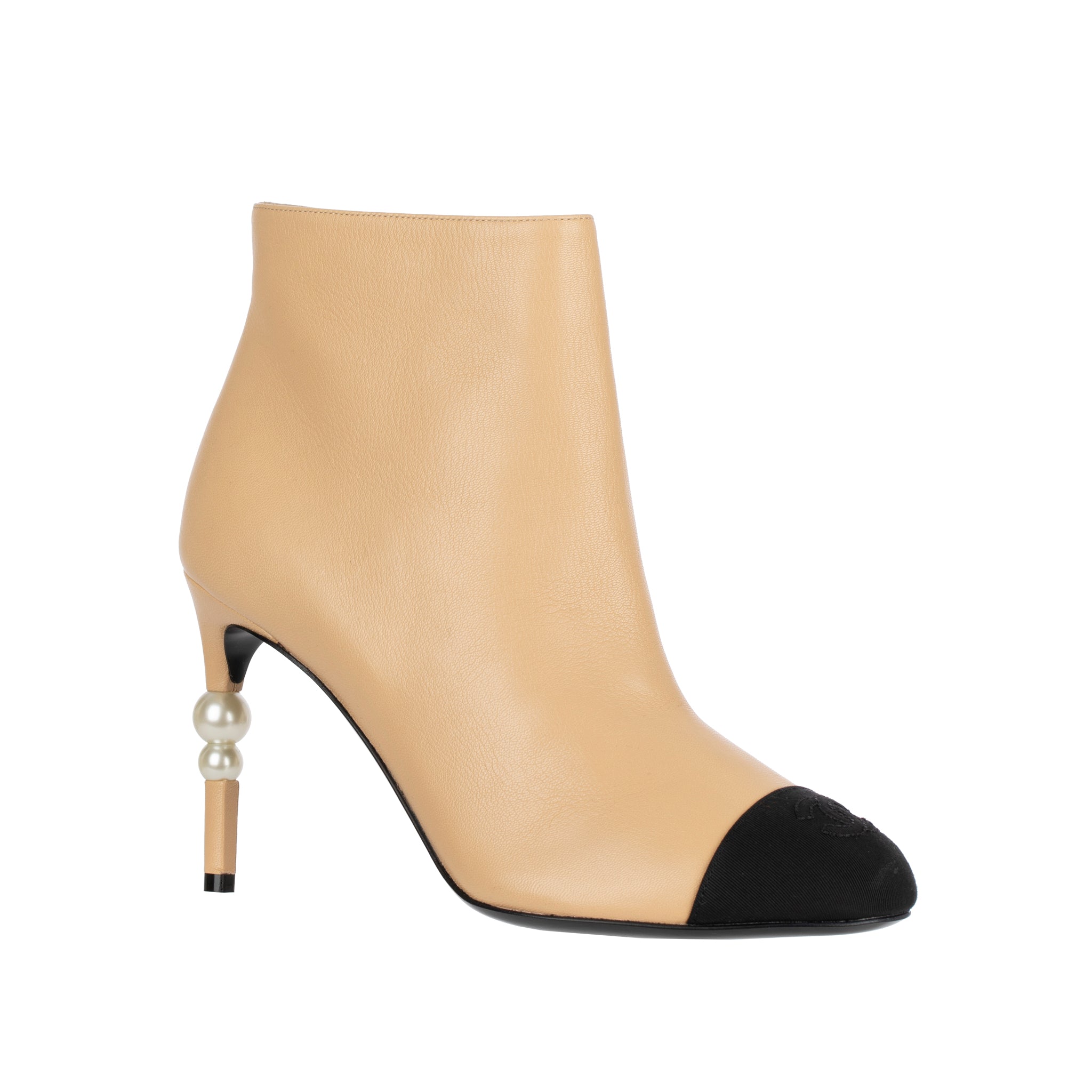 Chanel Ankle Boots Beige & Black With Pearl Details 38.5 FR