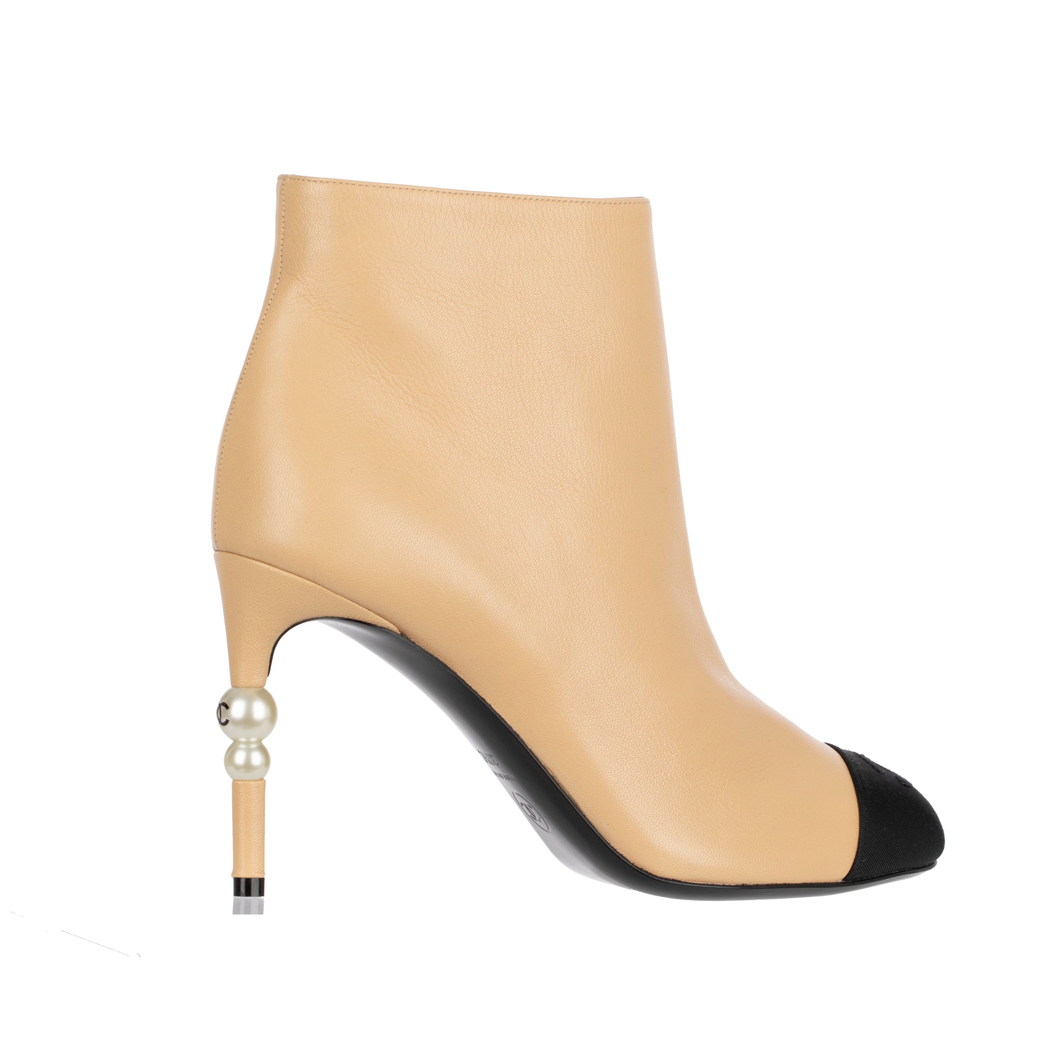 Chanel Ankle Boots Beige & Black With Pearl Details 38.5 FR