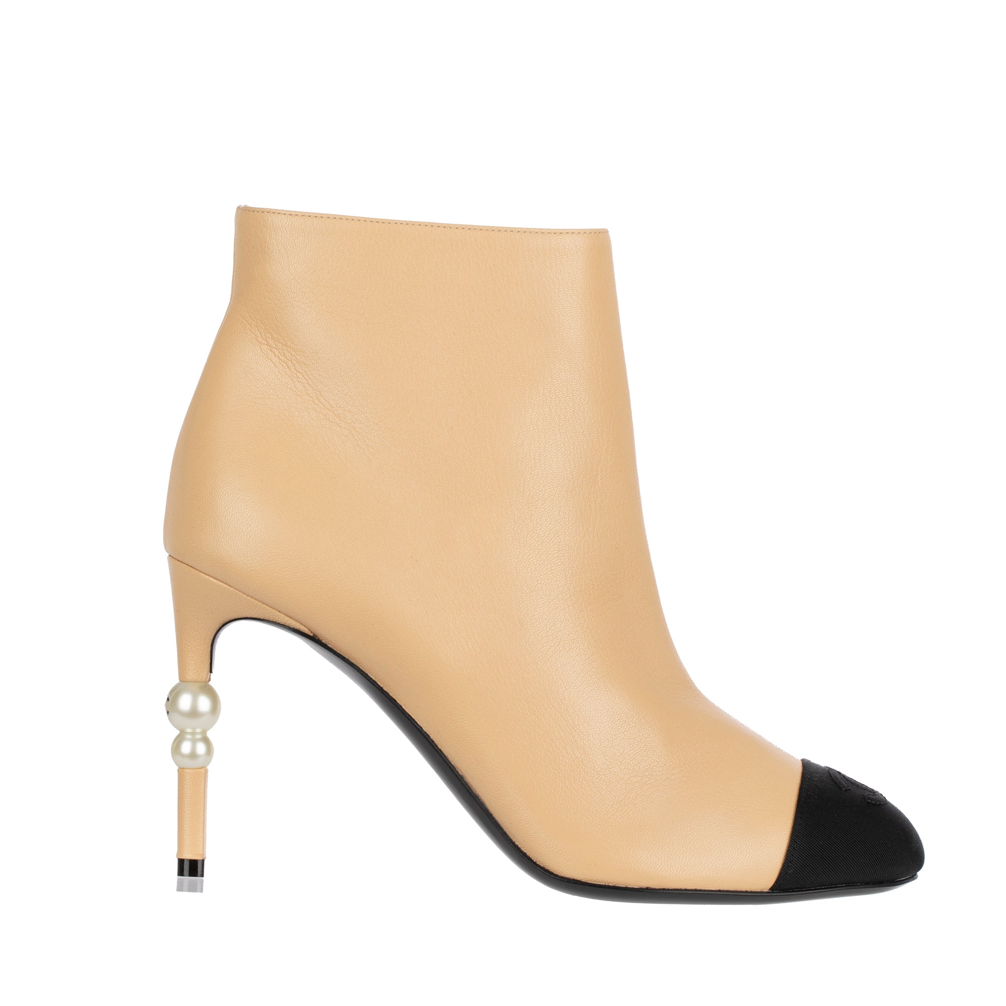 Chanel Ankle Boots Beige & Black With Pearl Details 38.5 FR